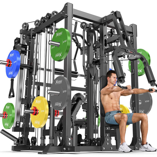 Multi-Purpose Squat Rack,Smith Machine Weight Rack Set with Cable Crossover System, Home Gym Power Racks, Power Racks and Packages (L07 two users, Power cage Black+bench+(pole+Color BP)400LBS)
