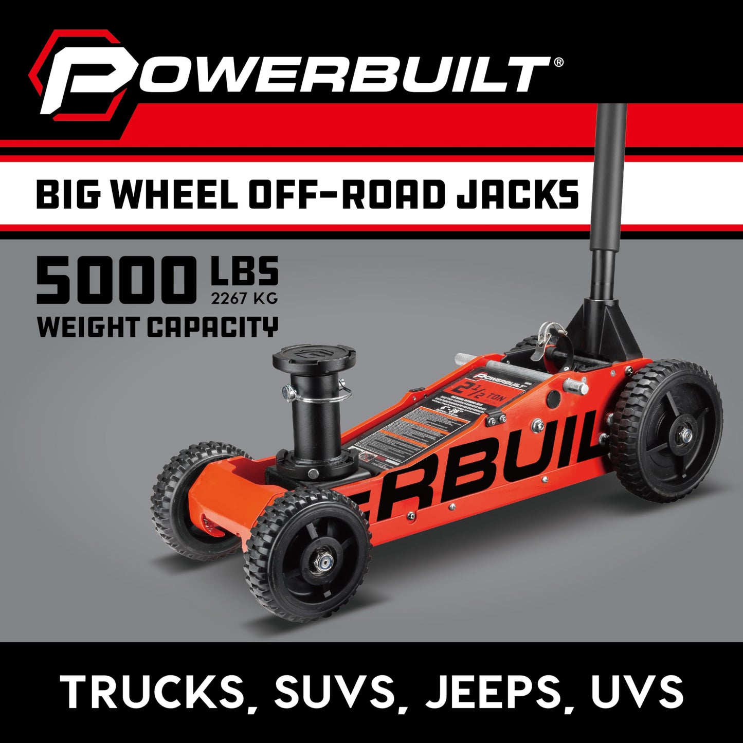 Powerbuilt 2.5 Ton Big Wheel Off Road Jack, Vehicle Lift for Trucks, SUVs, ATVs Offroad Vehicles, Oversized Wheels for Rugged Terrain, 5000 LB Capacity, Orange 620703ECE