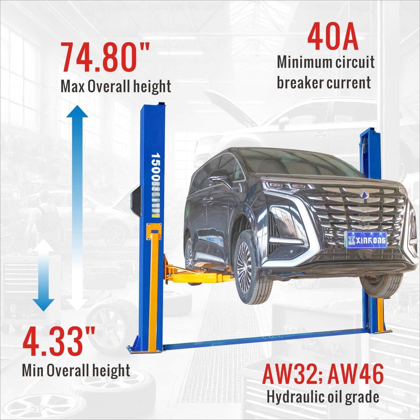 XK-1500 Two Post Auto Lift 3+3 Enhanced Lifting Arm Capacity 15000 Lbs Car Lift Truck Hoist with 36 Months Parts Replacement