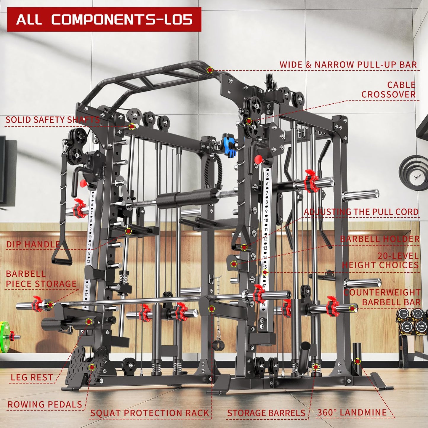 XGSW XINGESIWR Multi-Purpose Squat Rack,Smith Machine Weight Rack Set with Cable Crossover System, Home Gym Power Racks, Power Racks and Packages (L05, Power cage Black+Bench+(Pole+Cast lron) 338LBS)
