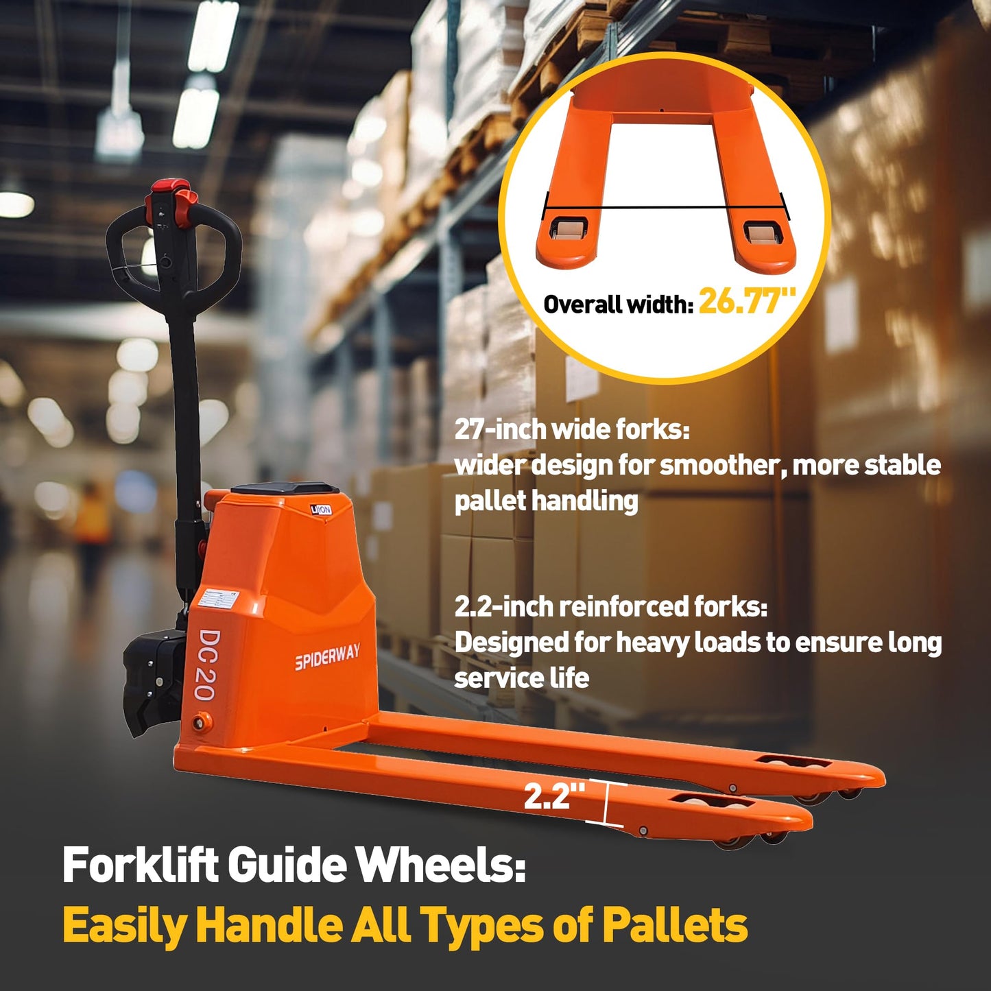 Electric Pallet Jack Truck, 4400 lbs Capacity Motorized Pallet Lift Trucks，48” L × 27” W Fork Size,Lithium Battery Powered Pallet Truck, 6-Hour Runtime, for Warehouse Material Handling