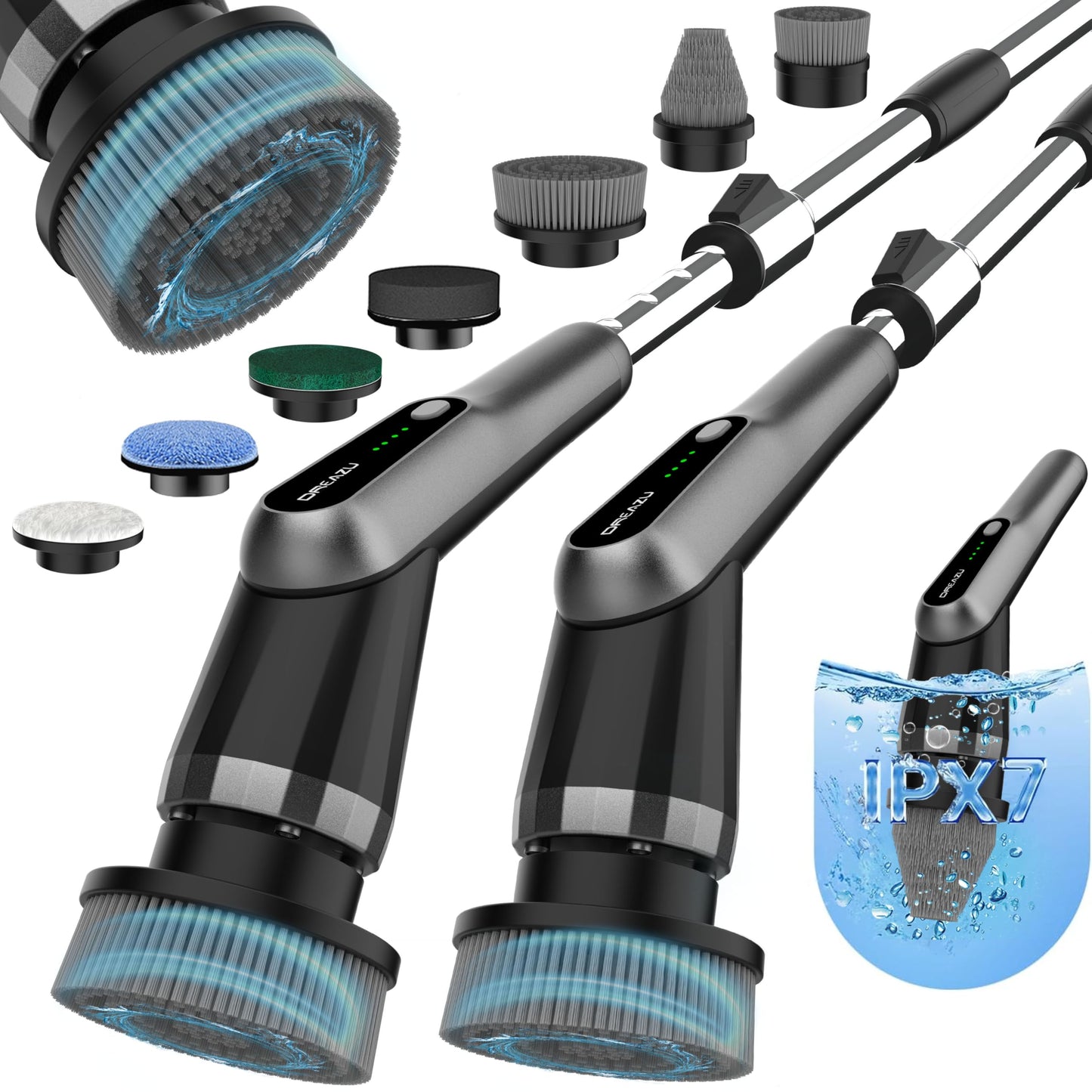 Dreazu G2-Pro Electric Spin Scrubber - Upgraded 10-in-1 Scrubber Brush Electric, Retractable Handle & 2-Speed for Bathroom, Bathtub, Kitchen, Tile Floors(Gray Brush Head