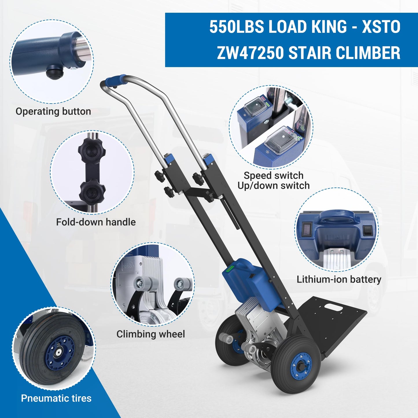 XSTO ZW47250 Electric Stair Climbing Hand Trucks,Moving Heavy Objects Up and Down Stairs Effortless,550lbs Heavy Duty Stair Climber with Telescoping Handle