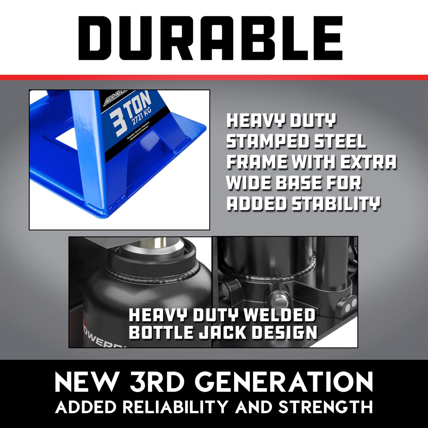POWERBUILT 3 Ton All-in-One Hydraulic Bottle Jack and Jackstand in One, Compact, Wide Base, 11-21 inch Range, Eliminates Jackstands, for Trucks, SUVs, RVs, Trailers, Not for Sedans (Blue) 640912BL