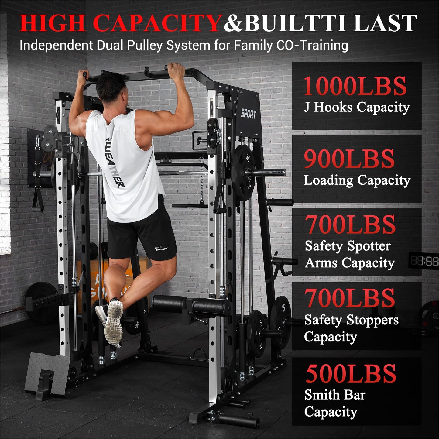 Smith Machine for Home Gym, Multifunctional Strength Training Power Cage with T Bar, LAT-Pull Down System and Cable System, 2200 Lbs Squat Rack with More Training Attachment, Black