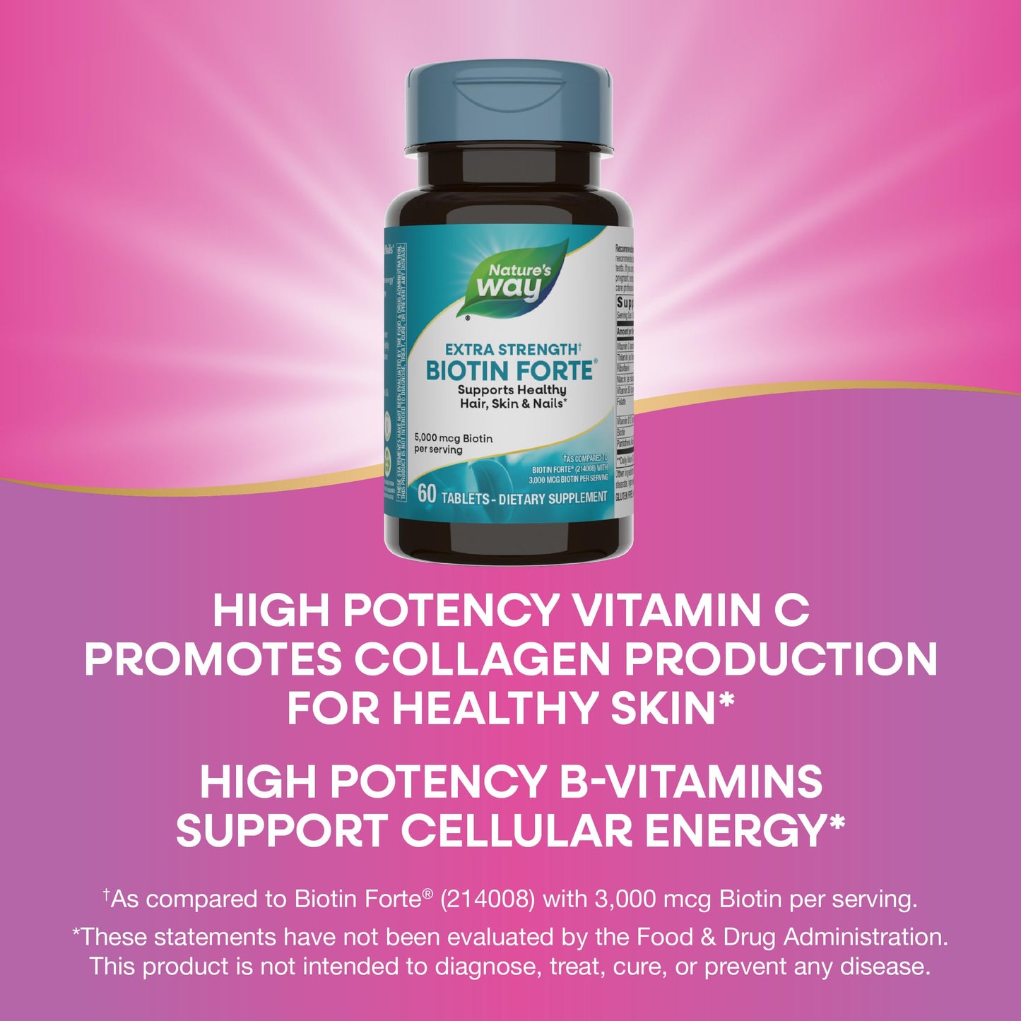 Nature's Way Extra Strength Biotin Forte, Supports Healthy Hair, Skin & Nails*, 5,000 mcg per Serving, High Potency B-Vitamins, Vitamin C, 60 Vegan Tablets (Packaging May Vary)