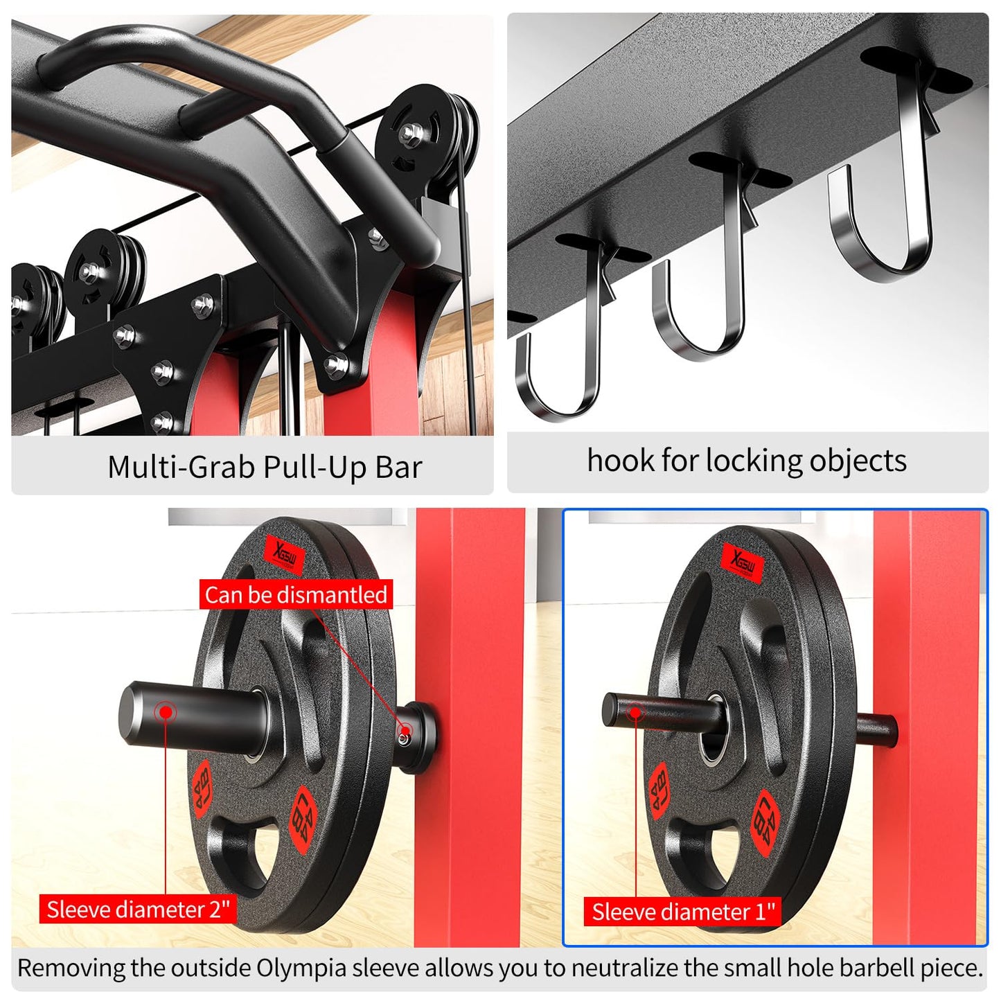 Multi-Purpose Squat Rack,Smith Machine Weight Rack Set with Cable Crossover System, Home Gym Power Racks, Power Racks and Packages (L06 two users, Power cage Red+bench+Cast lron 220LBS)