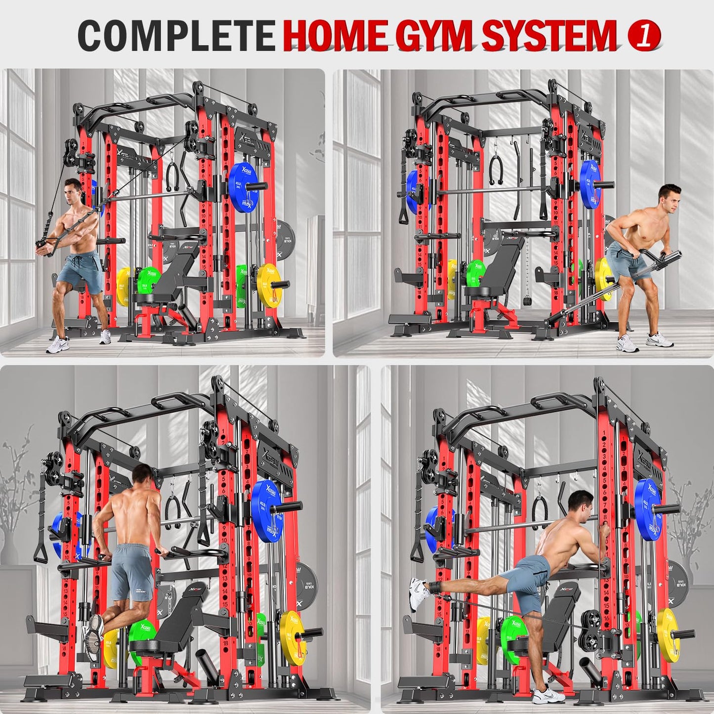 Smith Machine with Cable Crossover System, Multi-Function Power Cage Squat Rack for Home Gym, Power Rack and Packages Weight Sets. (Red, L04-Smith Machine+Bench+(Pole+Color BP) 398LBS)