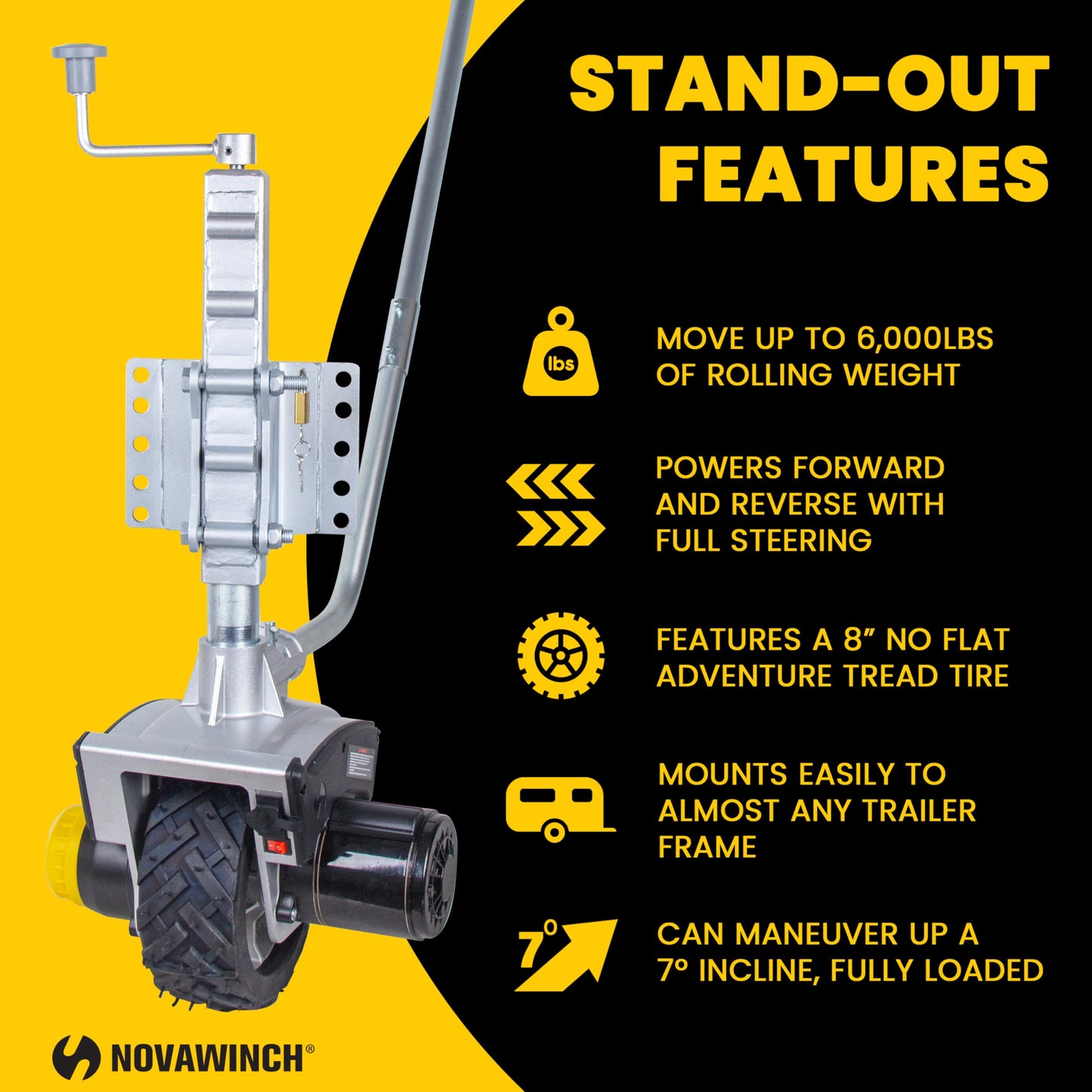 Novawinch Mini Mover 3-12V Electric Trailer Dolly - Motorized Jockey Wheel for Trailers up to 6000 lbs - Powered Forward and Reverse Steering Control - 8 Inch No Flat Tire - Clamp or Bolt Mount