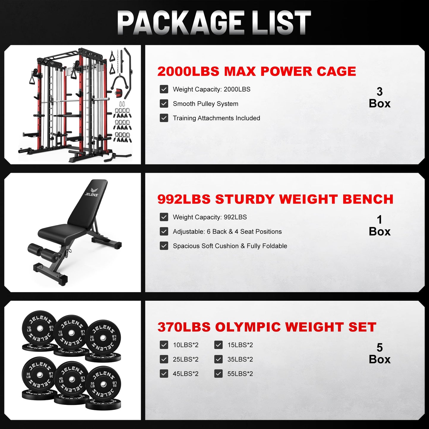 JELENS Smith Machine for Home Gym, Multi-Function M12 Power Cage with Cable Crossover System, Squat Rack with Smith Bar and More Attachment (Red, 370LB Black Weights Package)