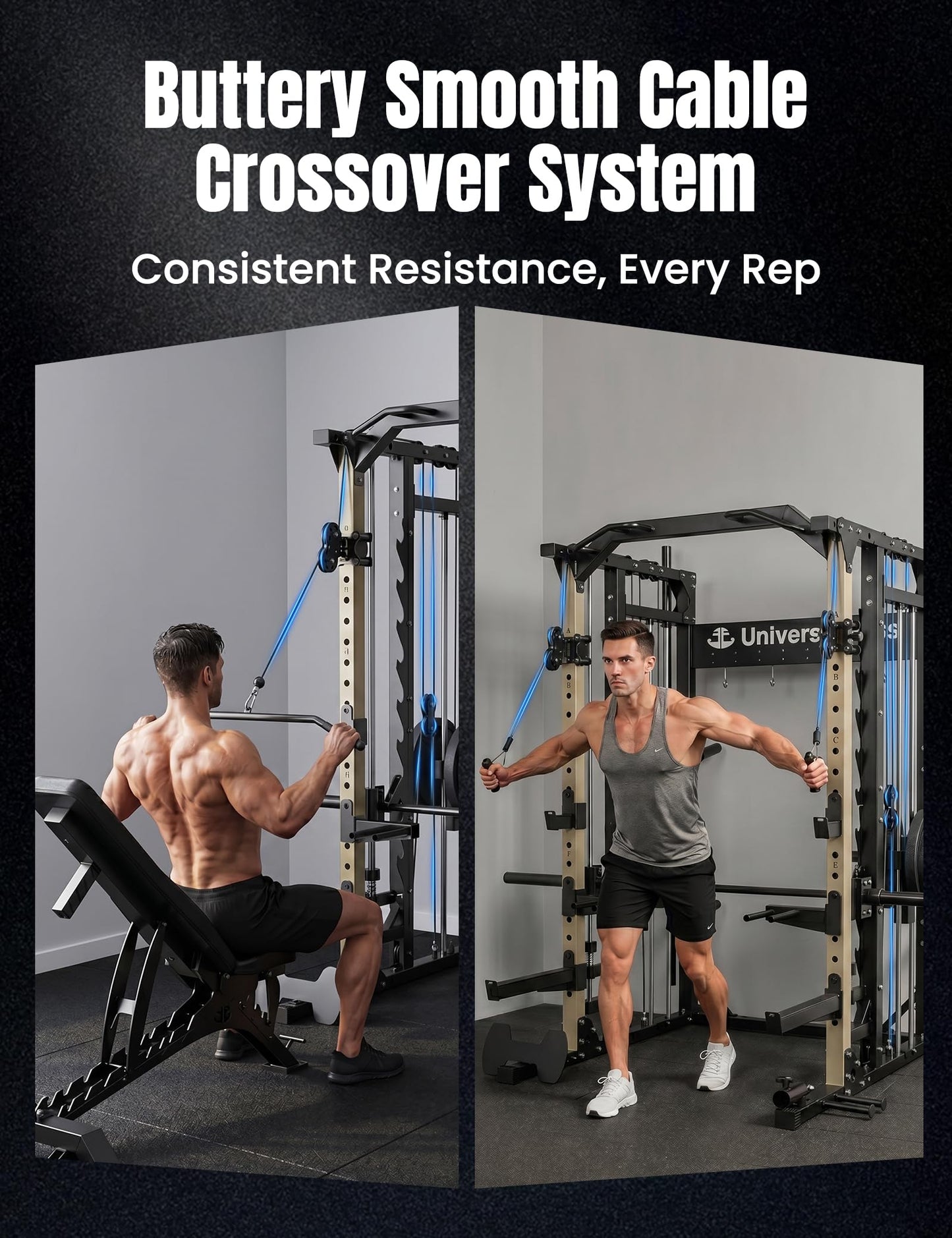 Unive Fitness Smith Machine, All-in-One Home Gym Power Cage with Squat Rack, Dual Cable Crossover & Pulley System, Complete Attachments for Full Body Workouts (DE Smith Machine)
