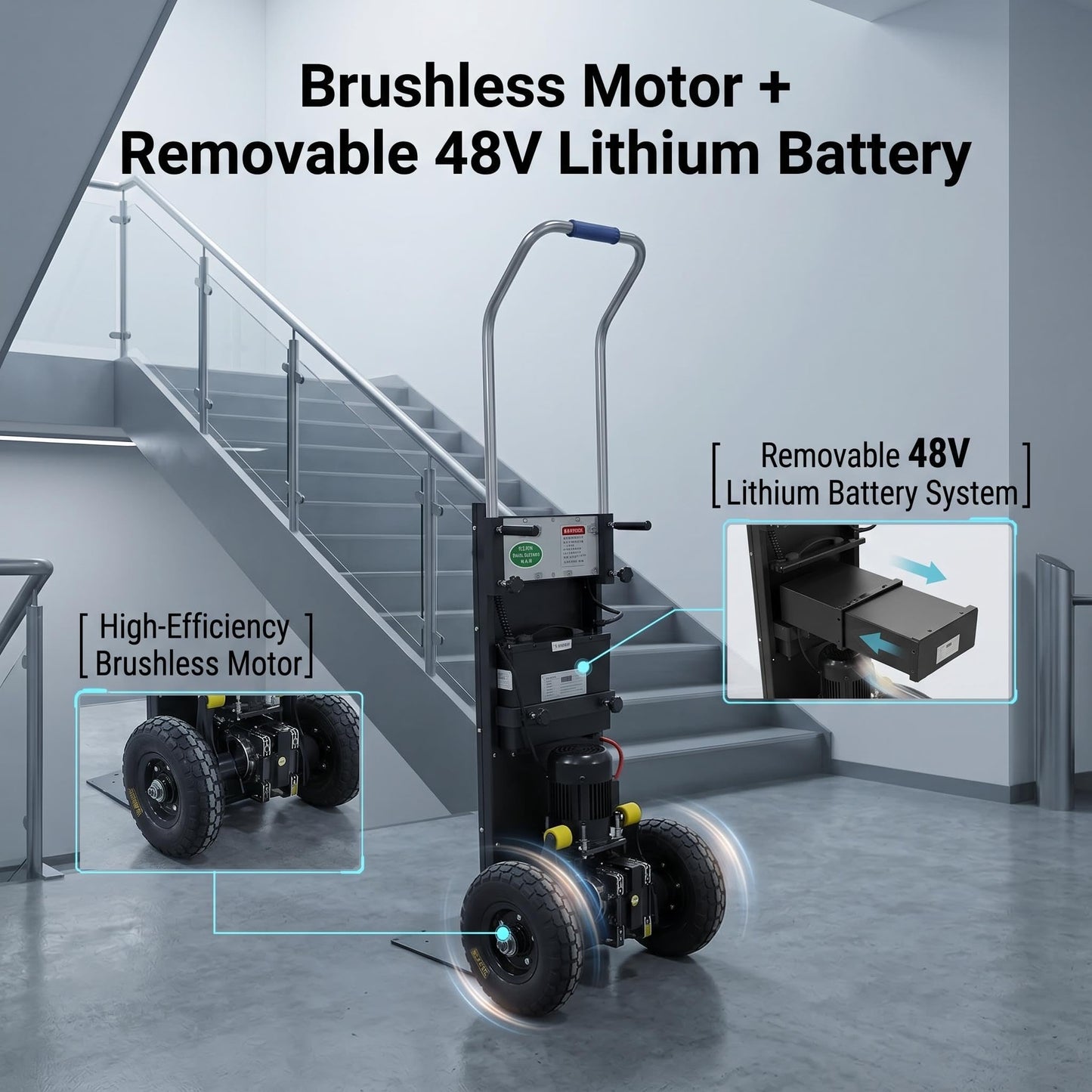 Large Load Capacity Electric Stair Climbing Cart, Electric Stair Climbing Machine for Construction, Electric Hand-Pushed Stair Climbing Vehicle with Lithium Battery