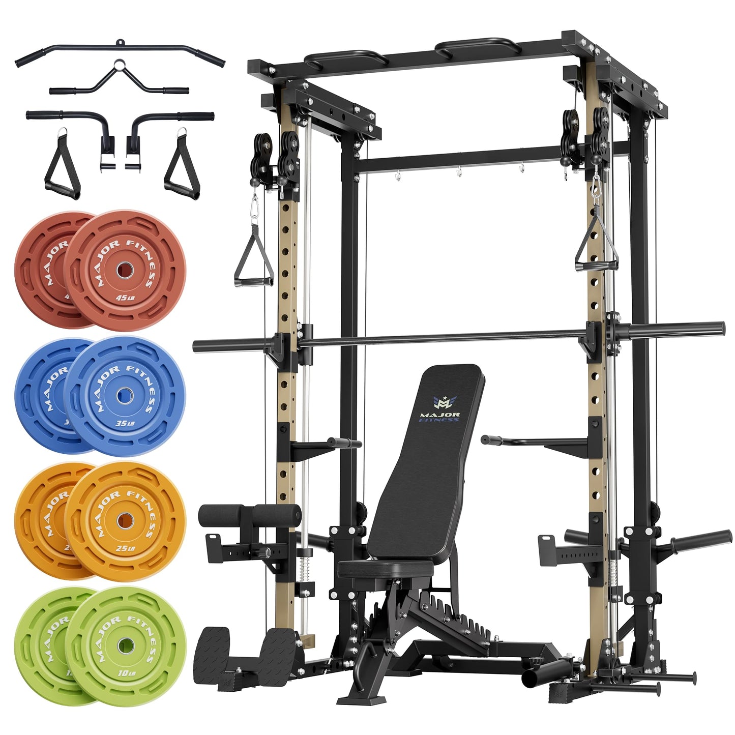 Major Fitness Drone3 Smith Machine, All-in-One Home Gym Squat Rack with Cable Crossover & Pull-Up Station, Heavy-Duty Strength Training (D3SMS-KHA (with Bench Elite BLK & 230LB CLR BP NEW)