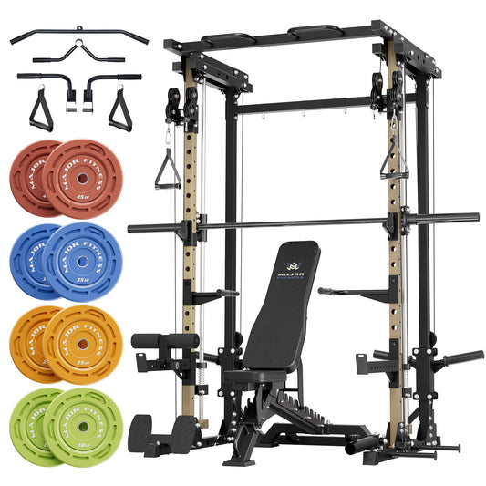 Major Fitness Drone3 Smith Machine, All-in-One Home Gym Squat Rack with Cable Crossover & Pull-Up Station, Heavy-Duty Strength Training (D3SMS-KHA (with Bench Elite BLK & 230LB CLR BP NEW)