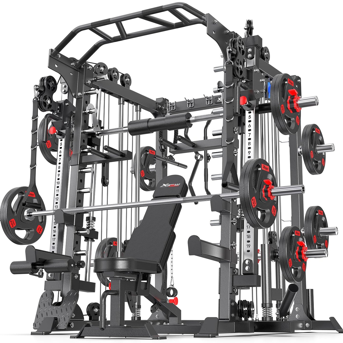 XGSW XINGESIWR Multi-Purpose Squat Rack,Smith Machine Weight Rack Set with Cable Crossover System, Home Gym Power Racks, Power Racks and Packages (L05, Power cage Black+Bench+(Pole+Cast lron) 250LBS)