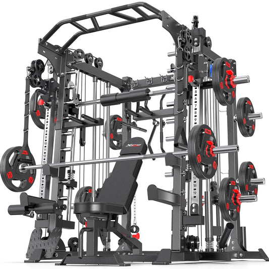 XGSW XINGESIWR Multi-Purpose Squat Rack,Smith Machine Weight Rack Set with Cable Crossover System, Home Gym Power Racks, Power Racks and Packages (L05, Power cage Black+Bench+(Pole+Cast lron) 250LBS)