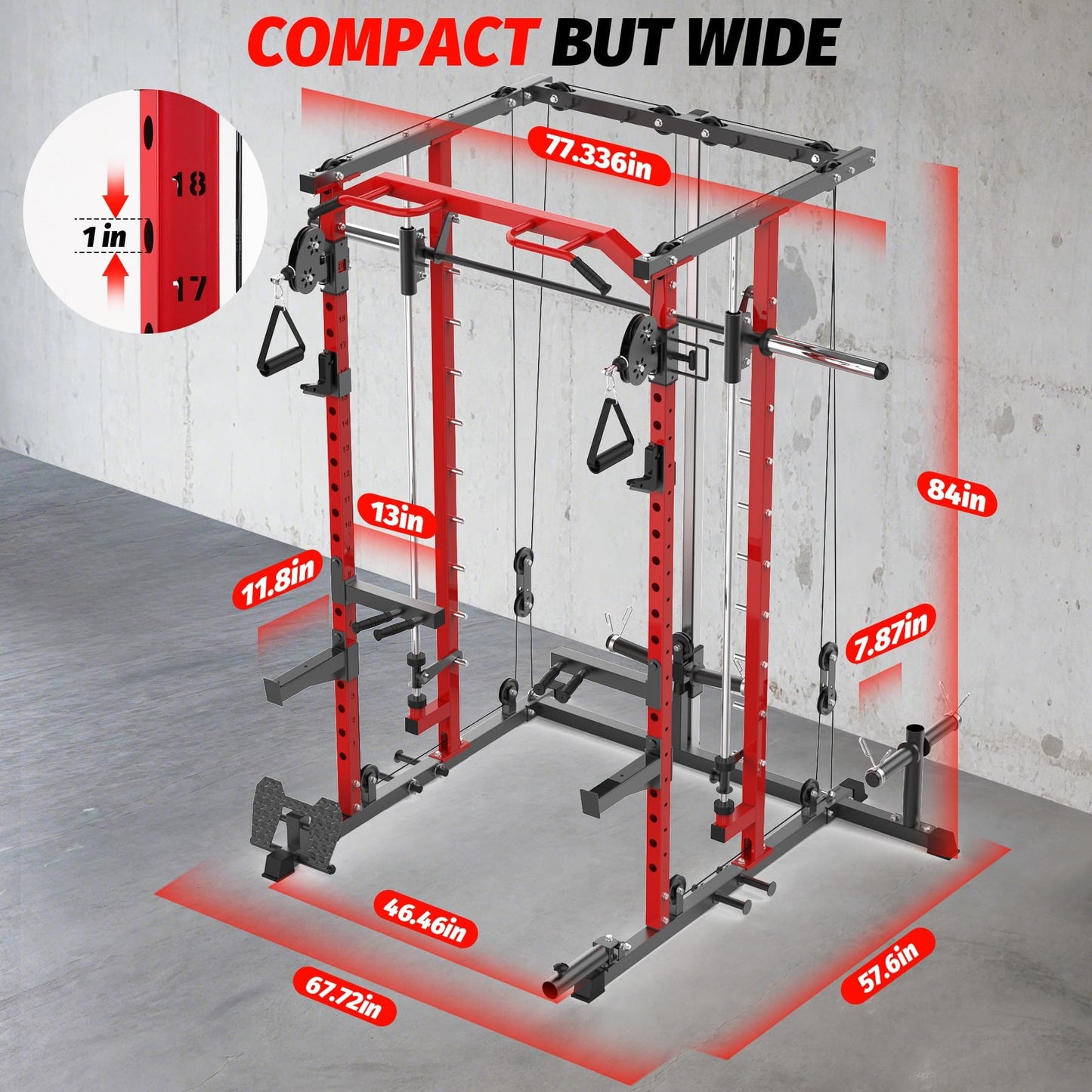 GAOMON Smith Machine Squat Rack, Heavy Duty Strength Training Power Cage with Pulley System, Dip Bar, LAT Pulldown, Multifunctional Workout Machine for Home Gym, Studio, Red