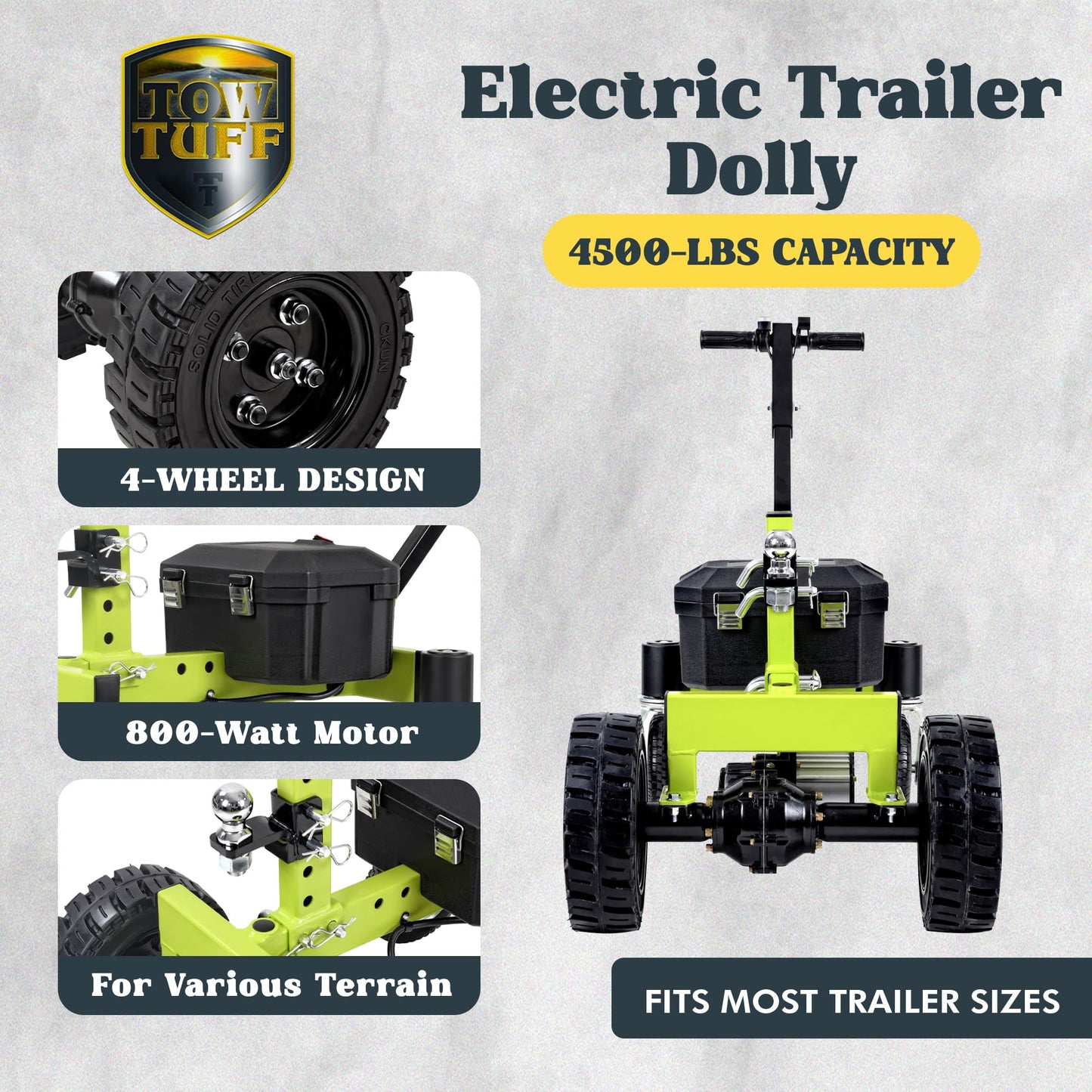 Tow Tuff Electric Trailer Dolly, 24V 800W Motor with Adjustable Hitch Height, 4-Wheel Design for Boat, Cargo, and Utility Trailers, 4500 Lb Cap, Green