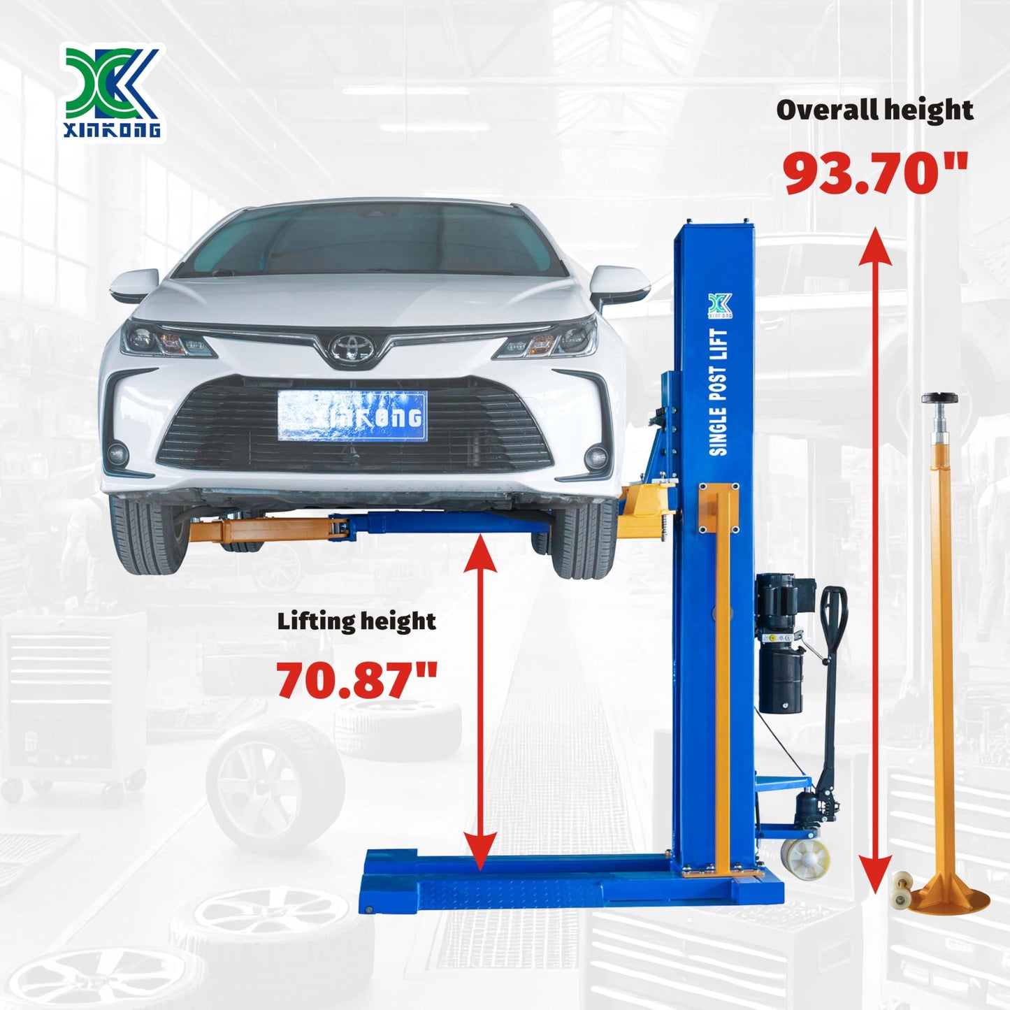XK-6200-M Mobile Single Post Manually Unlock Lift Maximum Lifting Capacity of 6200 lbs with 12 Months Parts Replacement