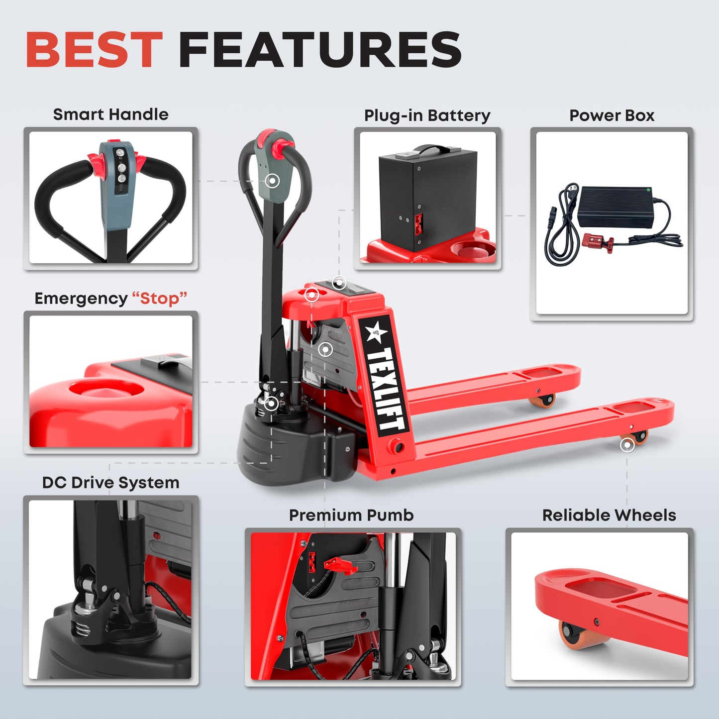 TEXLIFT Full Electric Power Pallet Jack – Standard Duty Pallet Truck 4400 Lb Capacity, 48” L x 27” W Fork Size, Plug-in 48V/15A Lithium Battery – Max Lift Height 7.8 Inch - (US-EPT44K-FE) - 2 Pack