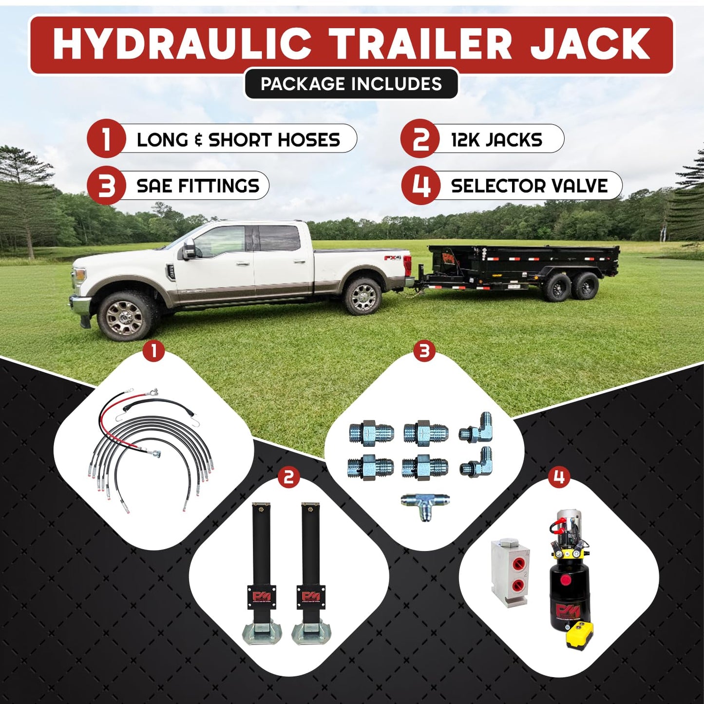 Hydraulic Trailer Jack (24,000 lb) Power Jack 12K x 2 Double Acting, Lift Trailer Jack Stand & Hydraulic Power Unit (24k Jack Kit Bolt On) PFJ-2-MB-K
