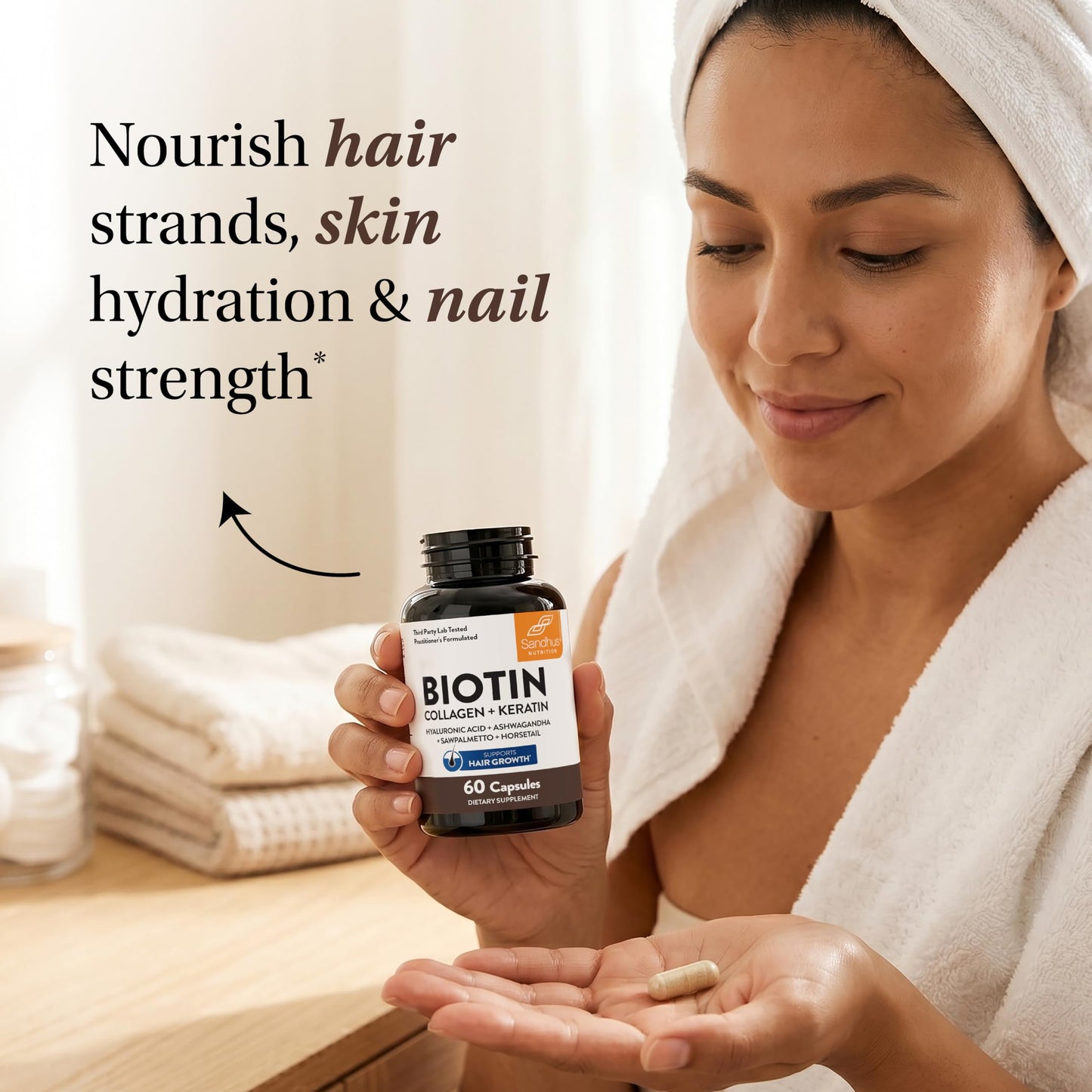 Sandhu's Biotin, Collagen & Keratin Complex | Supports Normal Hair Growth Cycle | Vitamins for Skin & Nails | Hair Supplements for Women & Men | Made in USA (60 Count (Pack of 1), #1 Hair Vitamins)
