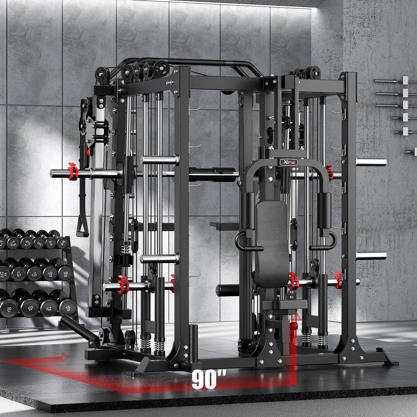 Smith Machine，Multi-Function Squat Rack Power Cage with Cable Crossover System,with Optional Weight Bench, Olympic Barbell Weight Set, for Home Gym (Black, L07-Package(（Pole+Color BP） 263LBS)