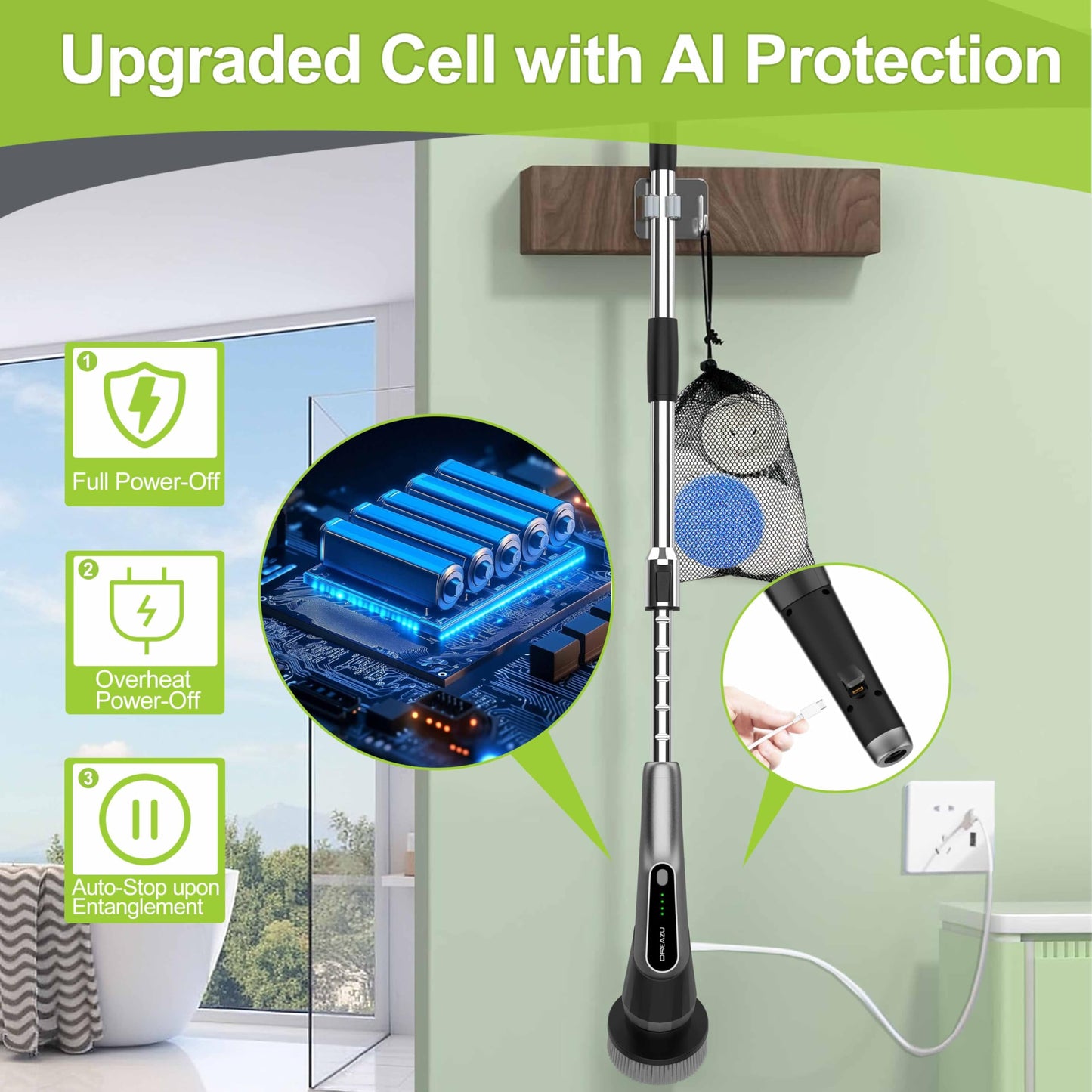 Dreazu G2-Pro Electric Spin Scrubber - Upgraded 10-in-1 Scrubber Brush Electric, Retractable Handle & 2-Speed for Bathroom, Bathtub, Kitchen, Tile Floors(Gray Brush Head