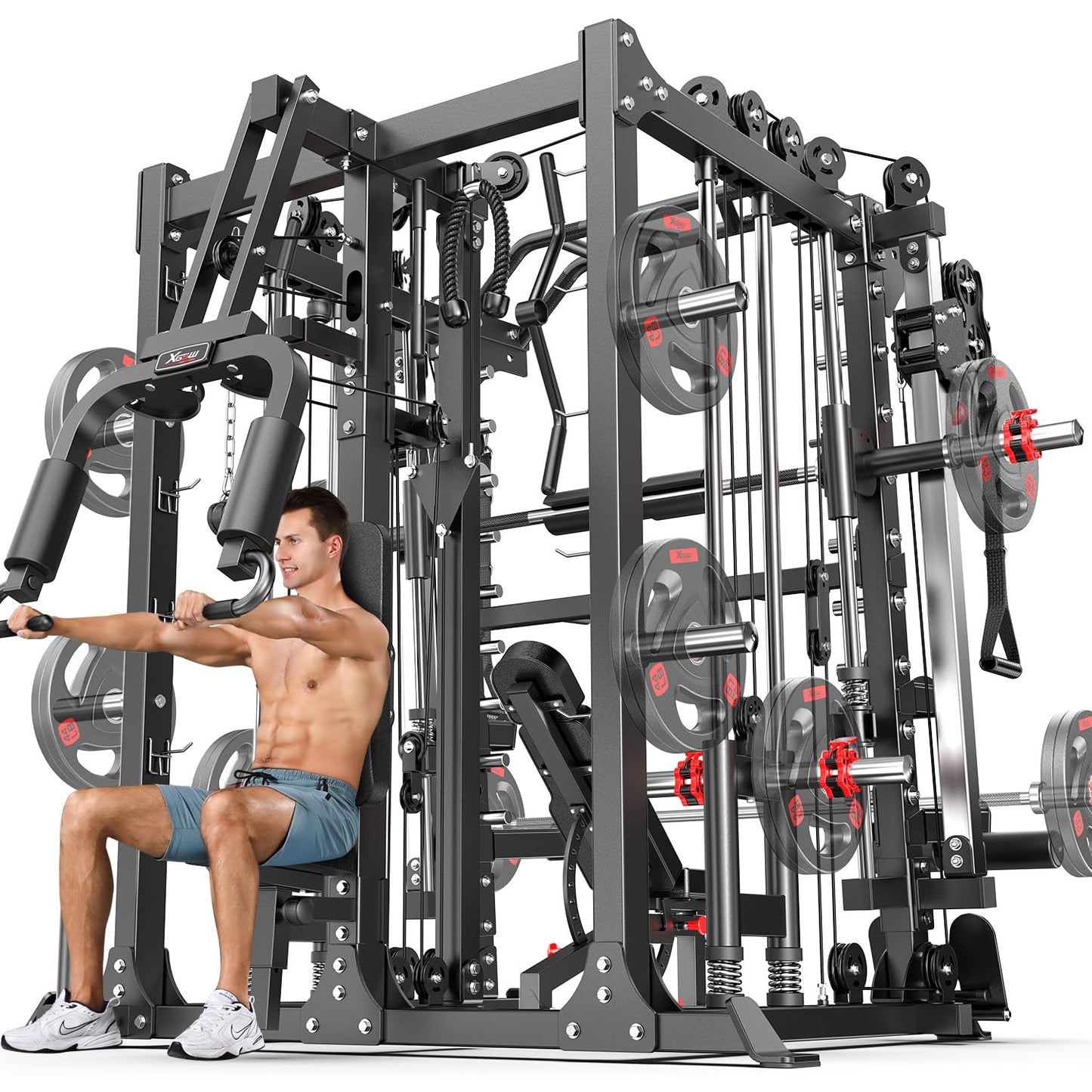 Smith Machine，Multi-Function Squat Rack Power Cage with Cable Crossover System,with Optional Weight Bench, Olympic Barbell Weight Set, for Home Gym (Black, L07-Power Cage + Weight Bench)
