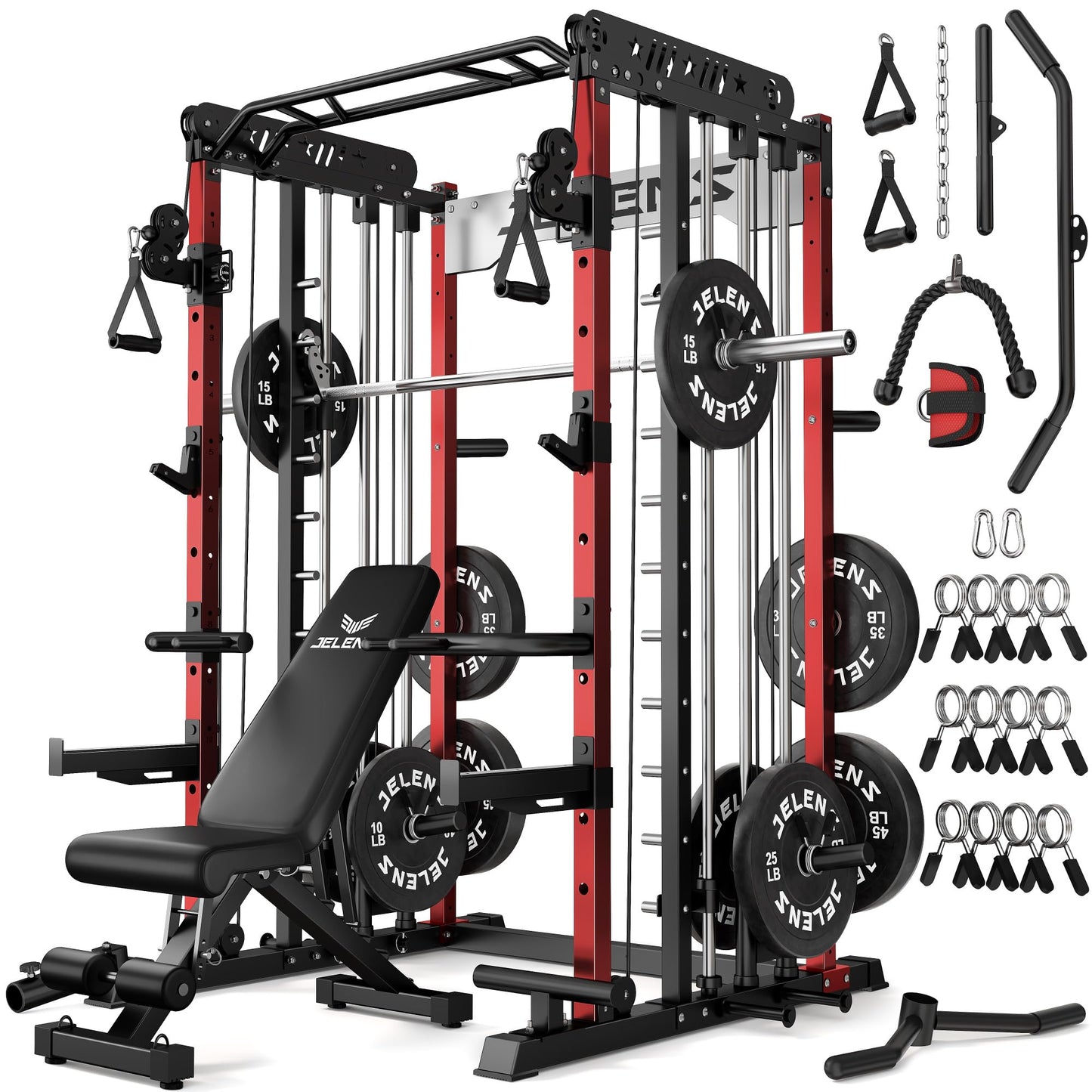 JELENS Smith Machine for Home Gym, Multi-Function M12 Power Cage, Squat Rack with Smith Bar and More Attachment (Red, 260LB Black Weights Package)