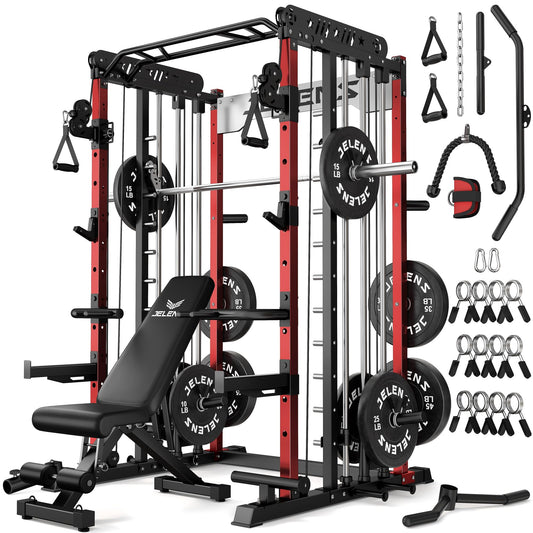JELENS Smith Machine for Home Gym, Multi-Function M12 Power Cage, Squat Rack with Smith Bar and More Attachment (Red, 260LB Black Weights Package)
