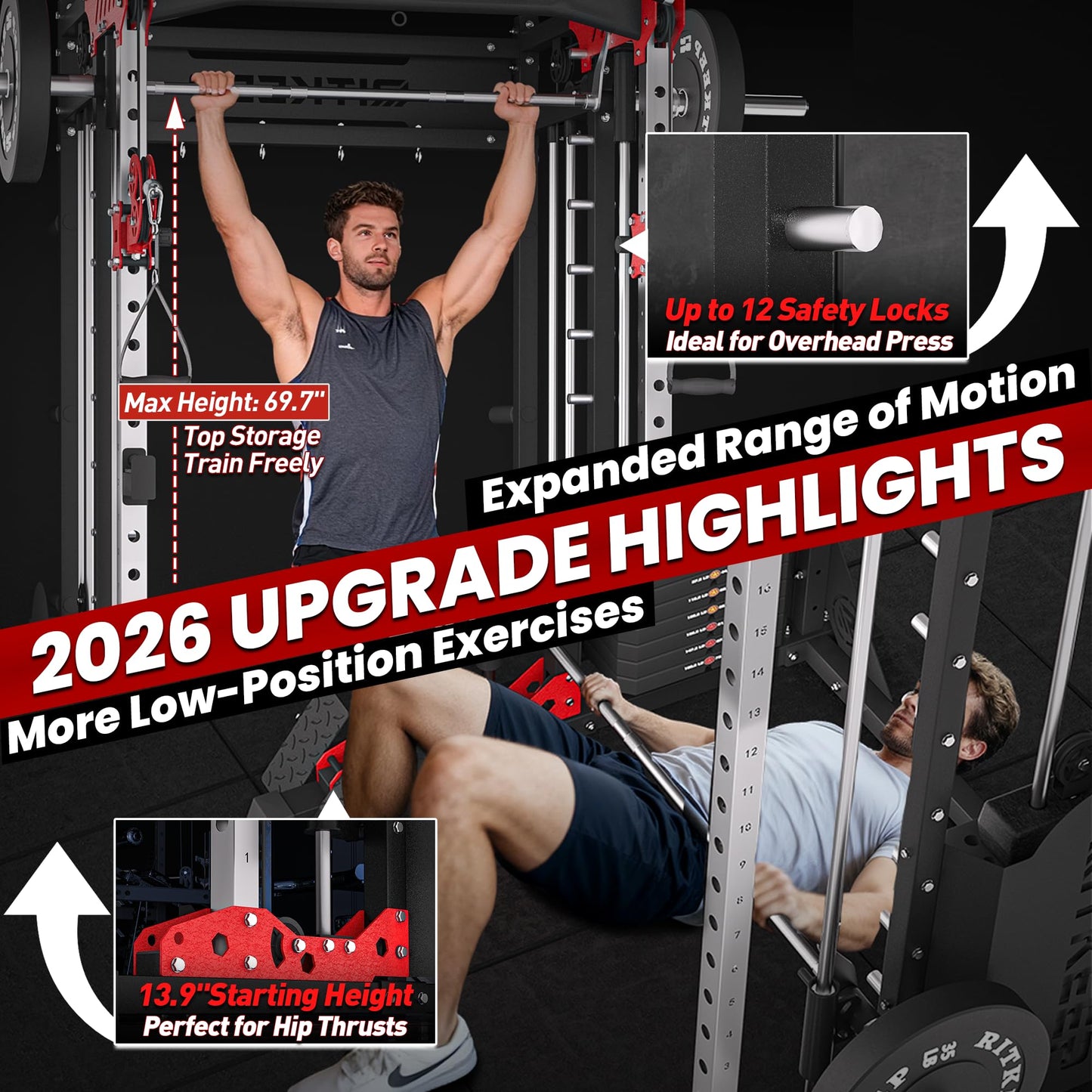 Home Gym Smith Machine with 400lb Weight Stacks – 6-in-1 Power Rack, Crossover, Pull-Up & Dip Station, Full Body Strength Training – RitKeep PMAX-5600 Pro (Black&Red(400LB)-2026 Version)
