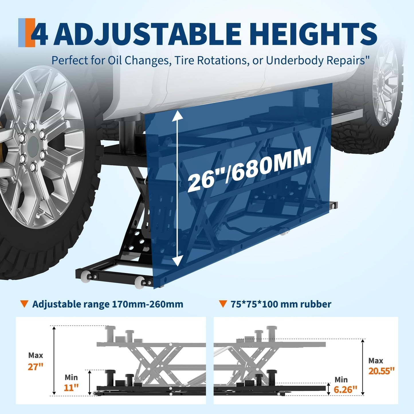 EliteEdge Portable Car Lift 5000 LBS, Adjustable Quick Jack with Locking Levers, 26" Max Height Scissor Lift, Foldable Design & Wheels for Sedan, SUV, Light Truck, Garage Workshop Use, Black