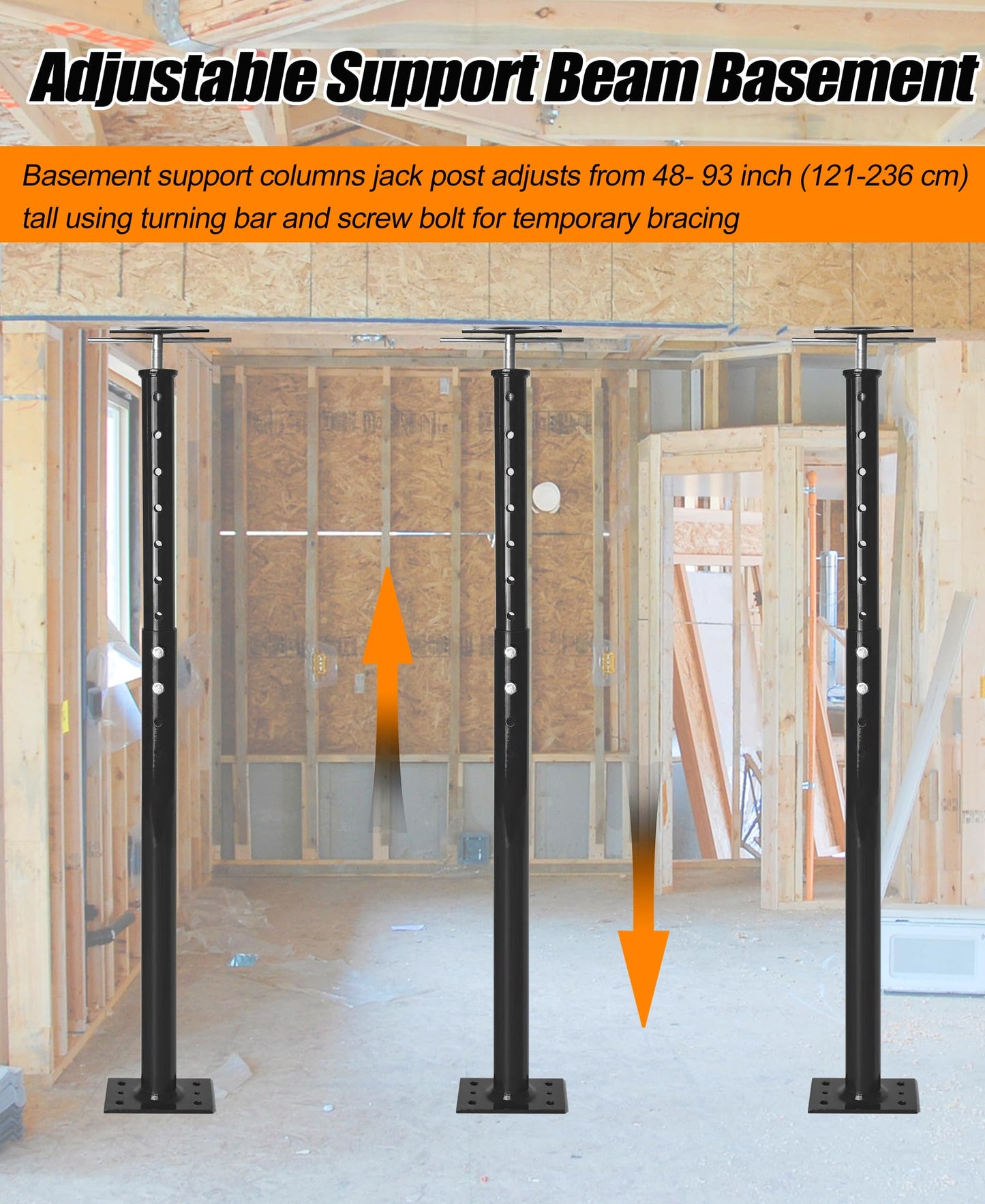 House Floor Jack for Foundation, 48"- 93" Height Range Lifting Shore and Jack Post, Telescoping Jack Basement House Jack Post Pole for Leveling, 18000 lbs Max Load Capacity