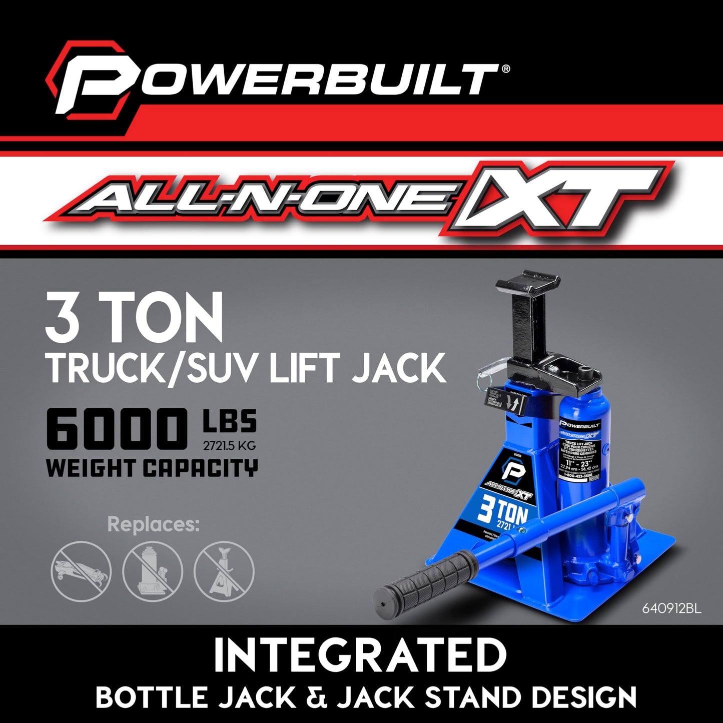 POWERBUILT 3 Ton All-in-One Hydraulic Bottle Jack and Jackstand in One, Compact, Wide Base, 11-21 inch Range, Eliminates Jackstands, for Trucks, SUVs, RVs, Trailers, Not for Sedans (Blue) 640912BL