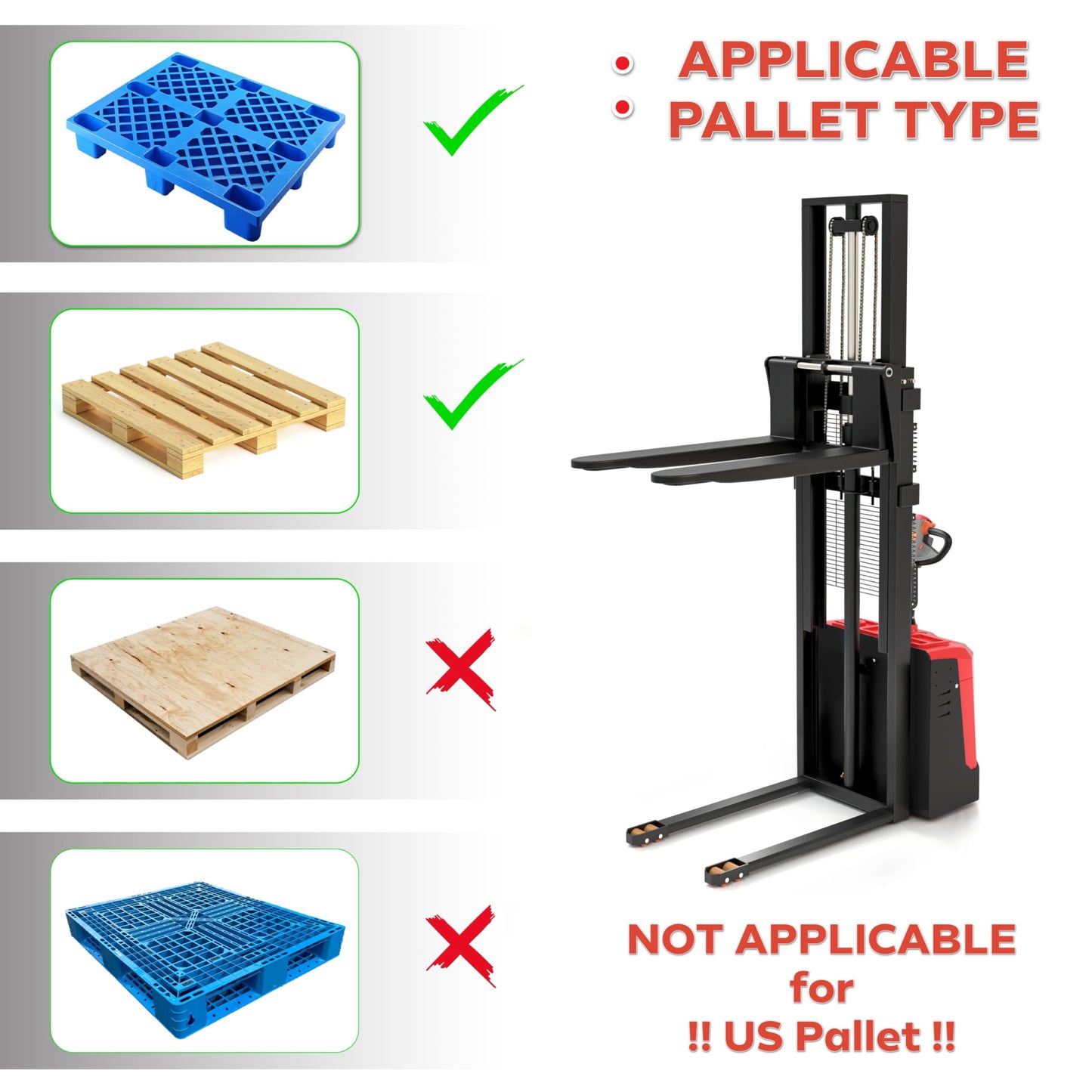 Full Electric Walkie Pallet Stacker 3300 lb Capacity, 98″ / 8 Ft Lift Height, Fixed Narrow Legs & Adjustable Forks 5.5″–27″, Battery Powered Material Lifter for Warehouse (US-ESN33K-98)