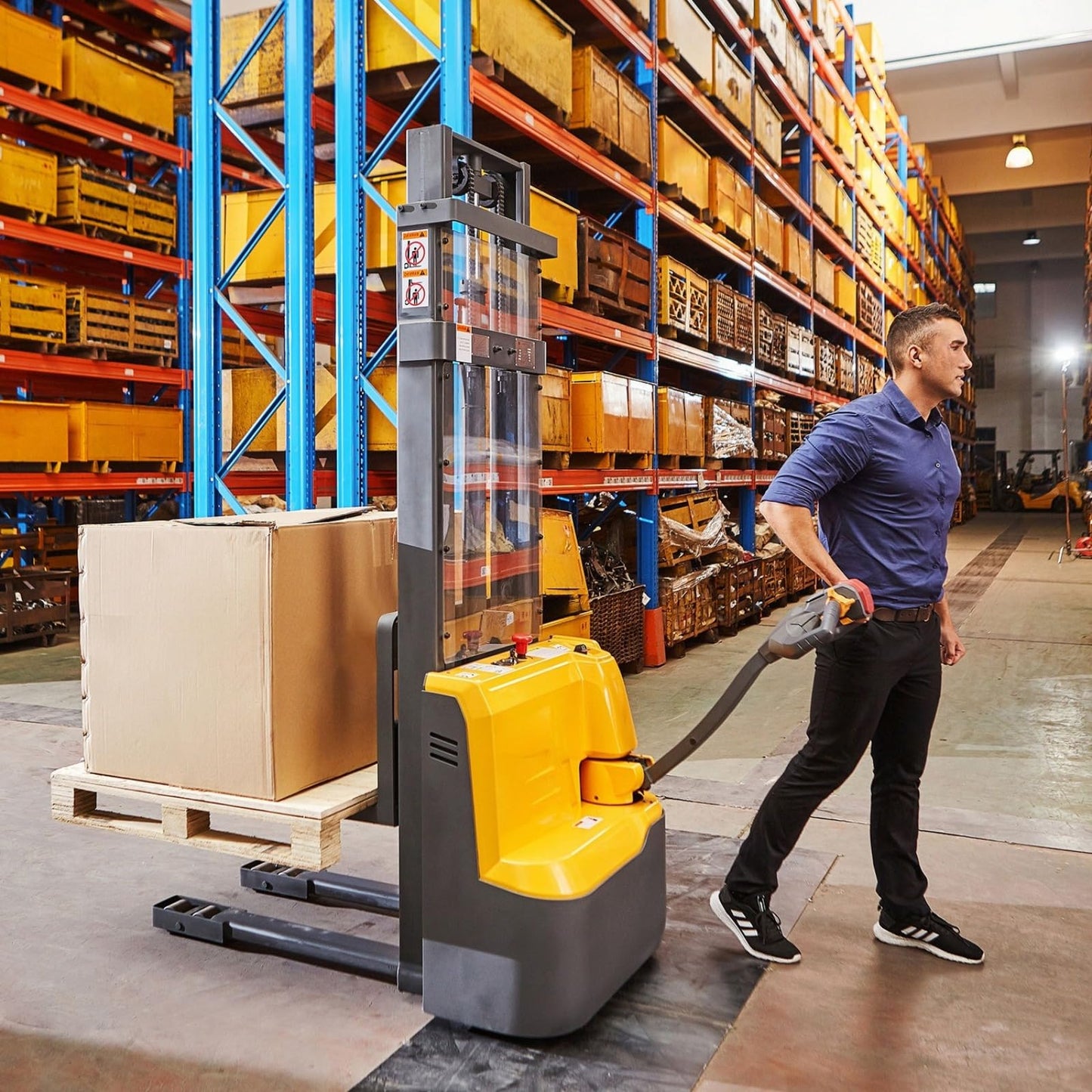 Electric Forklift Stacker System, Battery Powered Pallet Lift Equipment, Walk Behind Hydraulic Stacking Machine, Warehouse Material Handling Equipment, Pallet Lifting System