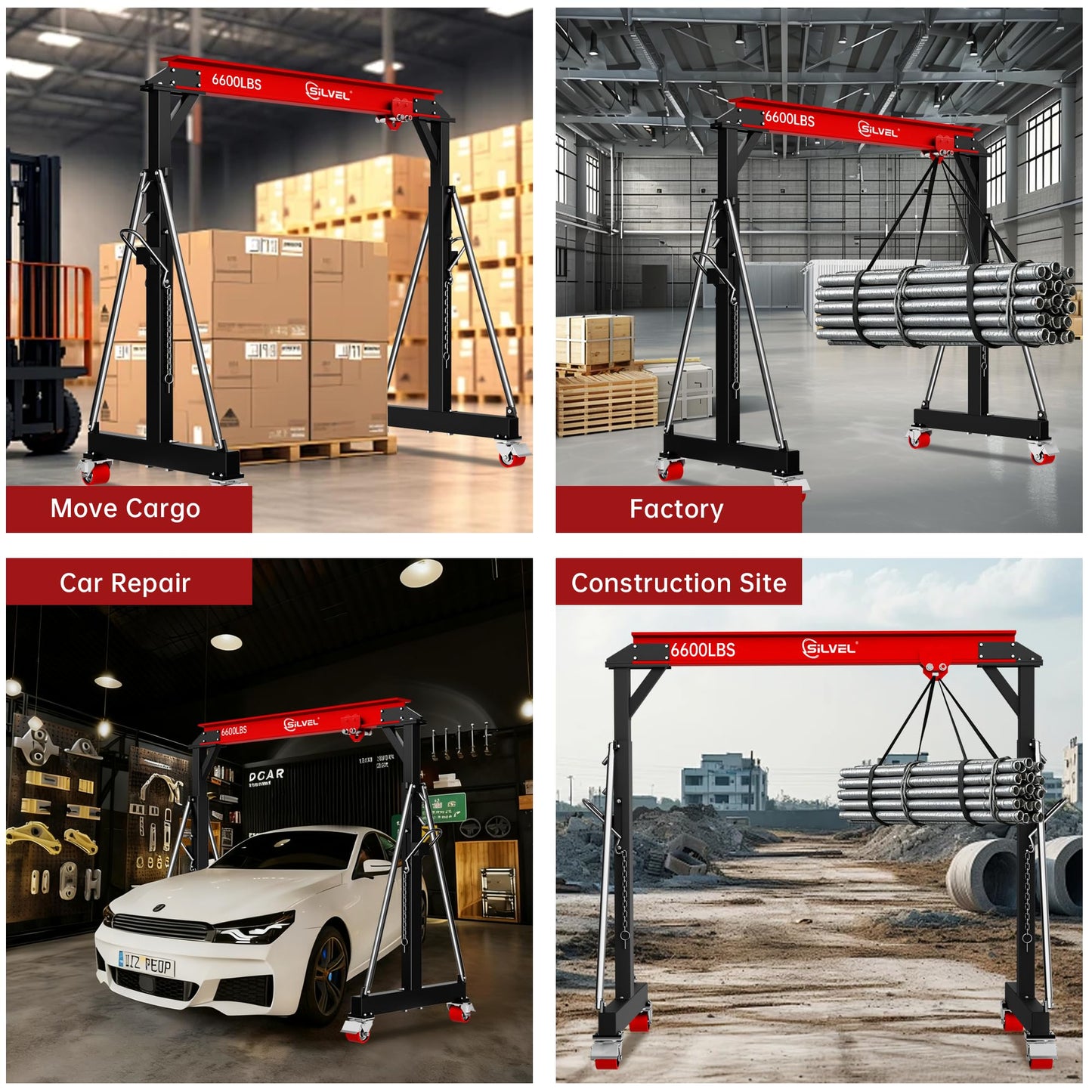 SILVEL 3 Ton 6600Lbs Gantry Crane, 8.53FT Maximum Capacity Width, 8.53-12.47FT Adjustable Height, Portable Shop Lift Hoist with 3 Ton Manual Trolley for Factories, Warehouses, Garage, Red