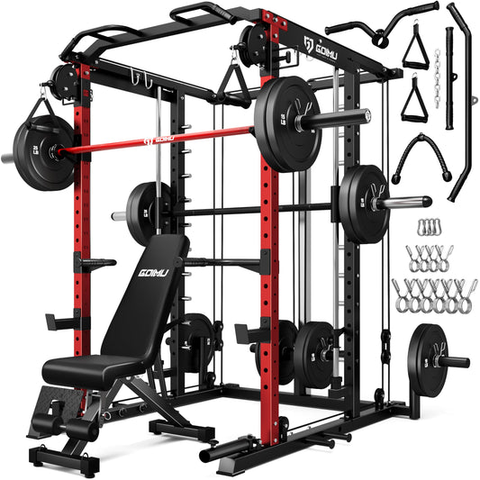 Goimu S1-V4 Smith Machine, 2000LBS Power Cage with Cable Crossover System, All-in-One Squat Rack with Smith Bar, Strength Training Equipment for Hone Gym (Red Smith Machine wiht 340lb Weights%Bar)