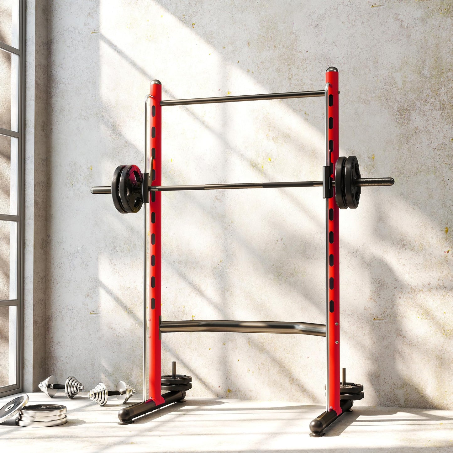 Soozier Squat Rack with Pull-Up Bar, Adjustable Power Rack with Barbell Bar, Multi-Functional Steel Bench Press Rack for Home Gym Strength Training, Black, Red