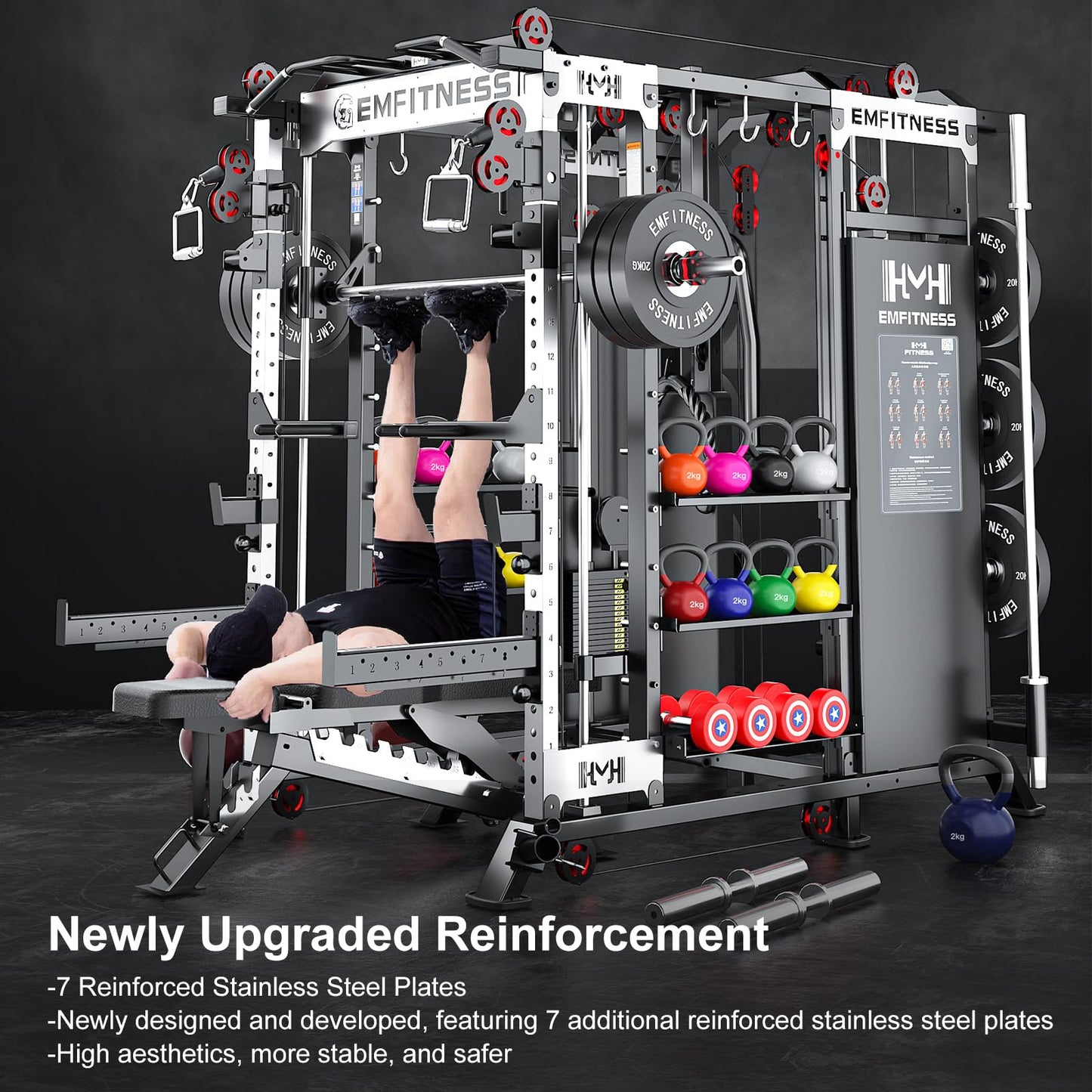 Smith Machine with Weight Stacks Power Cage Squat Rack Dual Cable Crossover Machine, LAT Pull-Down All in One Home Gym Systems (G2 Package with 340 lbs BP)