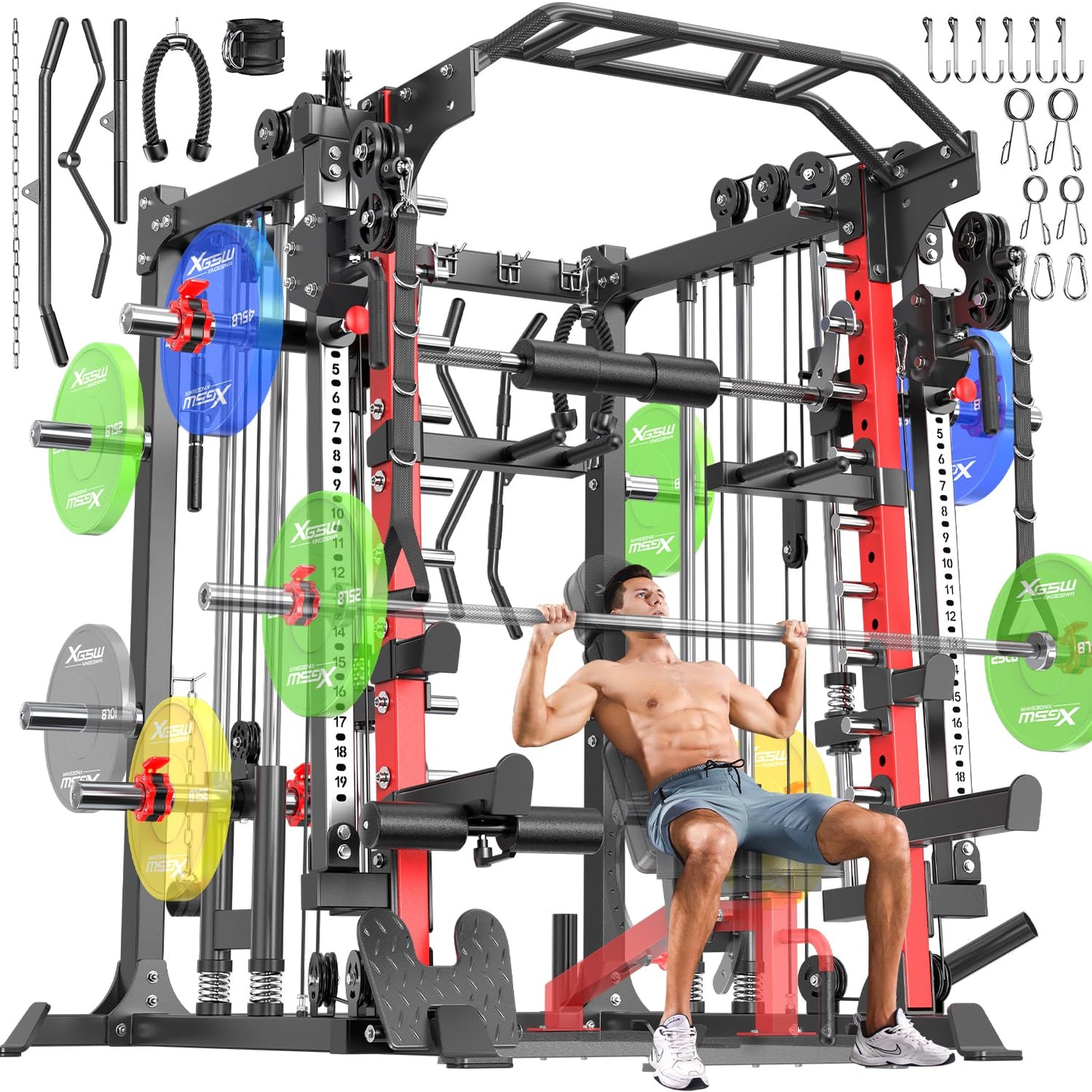 Smith Machine with Cable Crossover System, Multi-Function Squat Rack Power Cage for Home Gym, Power Rack and Packages (Red, L05-Smith Machine)