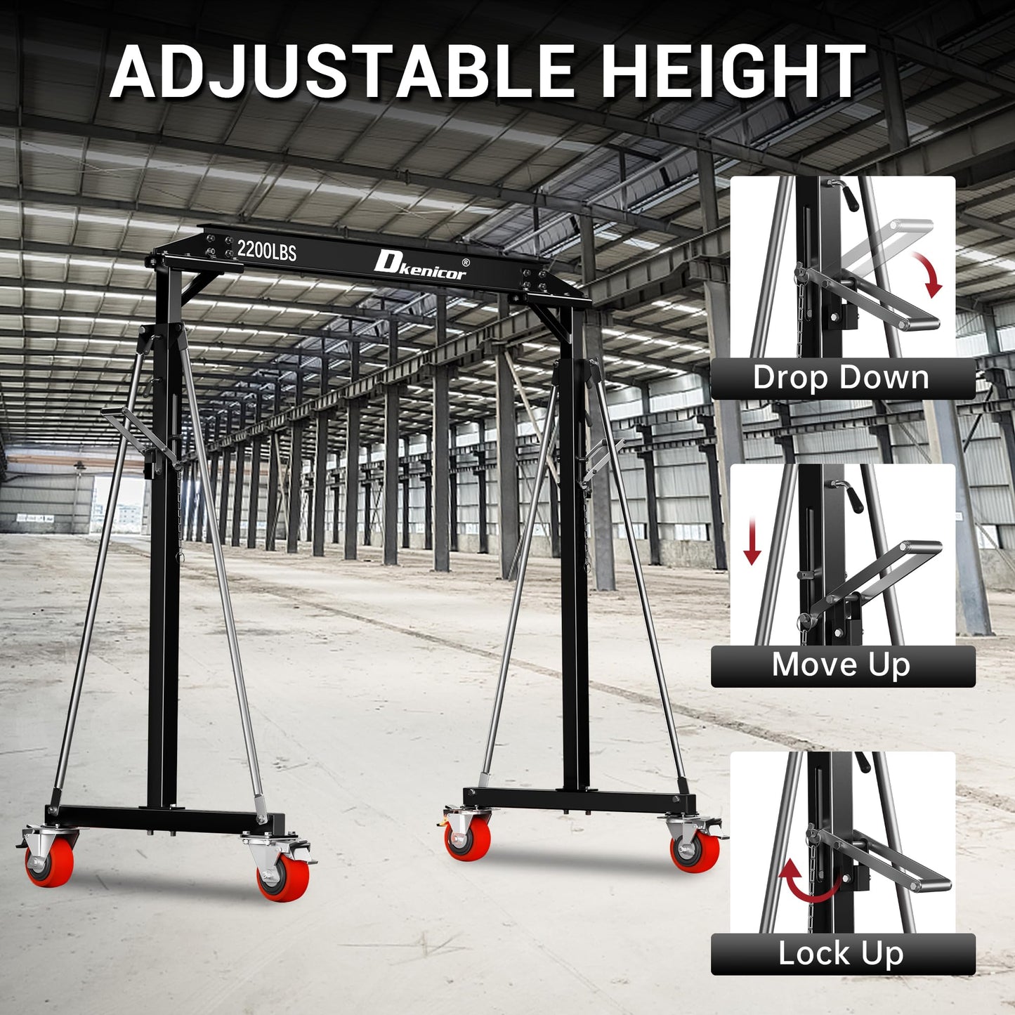 Dkenicor Adjustable Gantry Crane, Max 3000Lbs Adjustable Height 8.57 to 12.14ft, Steel I-Beam Construction Portable Shop Hoist for Factories, Warehouses, Auto Repair, Construction Site, Black