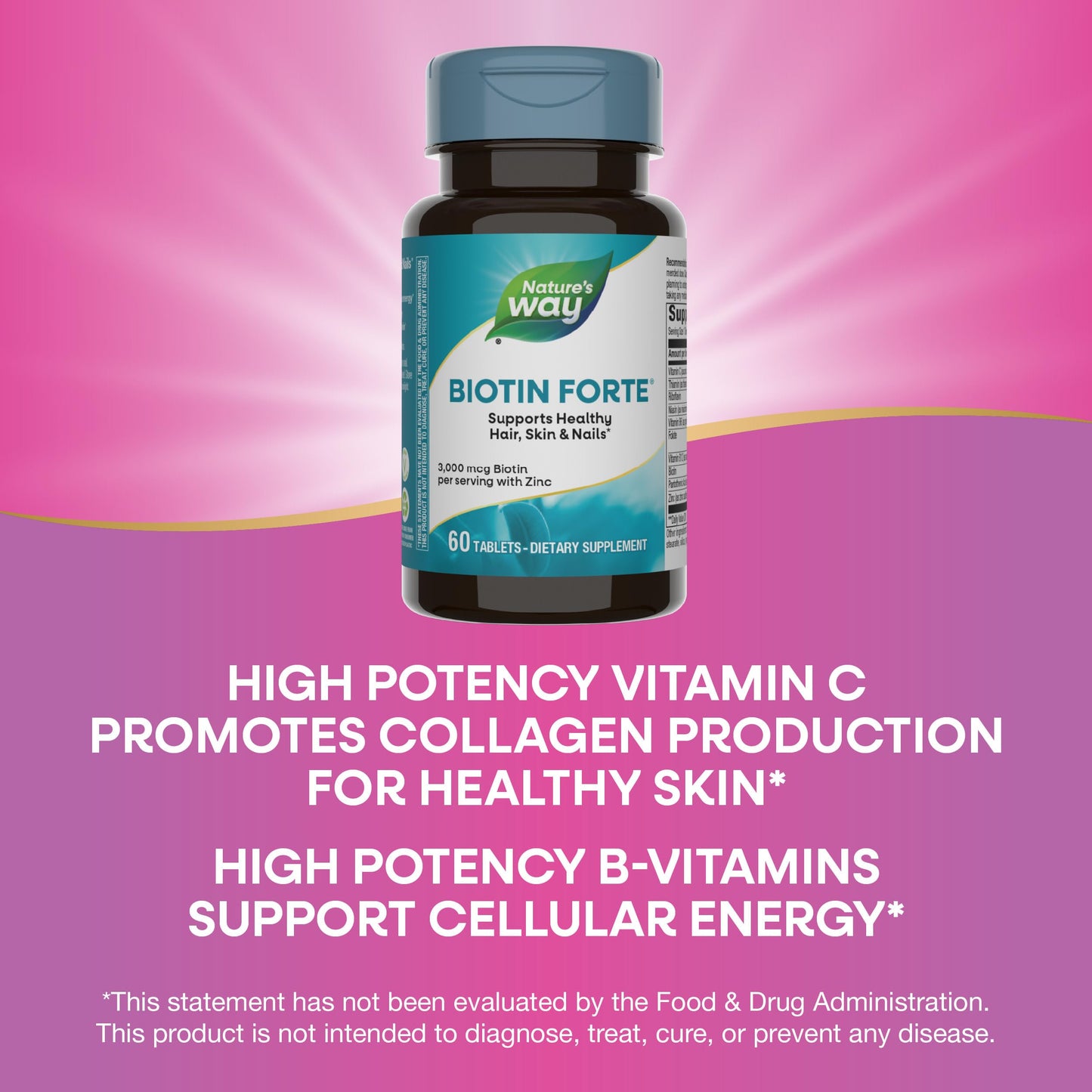 Nature's Way Biotin Forte, Supports Healthy Hair, Skin & Nails*, Hair Skin and Nails Vitamins*, 3000 mcg Biotin per Serving, with Zinc, Vitamin C, B-Vitamins, 60 Tablets (Packaging May Vary)