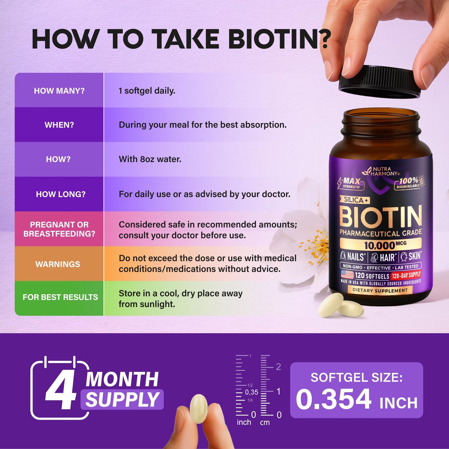 Biotin 10000mcg with Silicon - Pharmaceutical Grade Biotin Supplement for Women - Hair Growth Support, Skin & Nails - Max Strength & 100% Bioavailability - Made in USA - 120 Softgels, 120 Days Supply