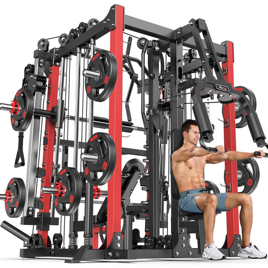 Smith Machine with Cable Crossover System, Multi-Function Squat Rack Power Cage for Home Gym, Power Rack and Packages Weight Sets (Red, L07-Smith Machine+Bench+(Pole+Cast lron) 253LBS)