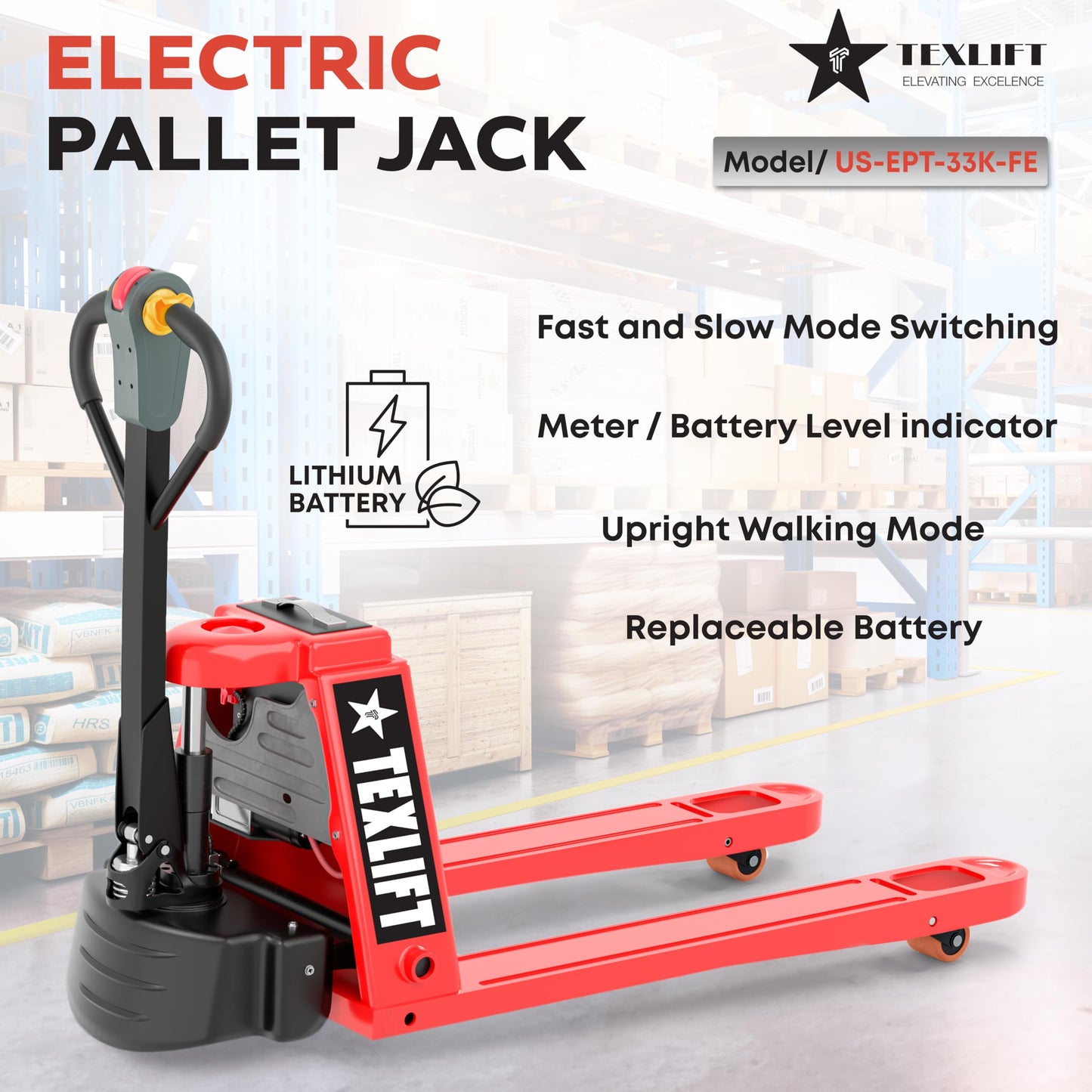 TEXLIFT Full Electric Power Pallet Jack – Standard Duty Pallet Truck 3300 Lb Capacity, 48” L x 27” W Fork Size, Plug-in 48V/15A Lithium Battery – Max Lift Height 7.8 Inch - (US-EPT33K-FE)