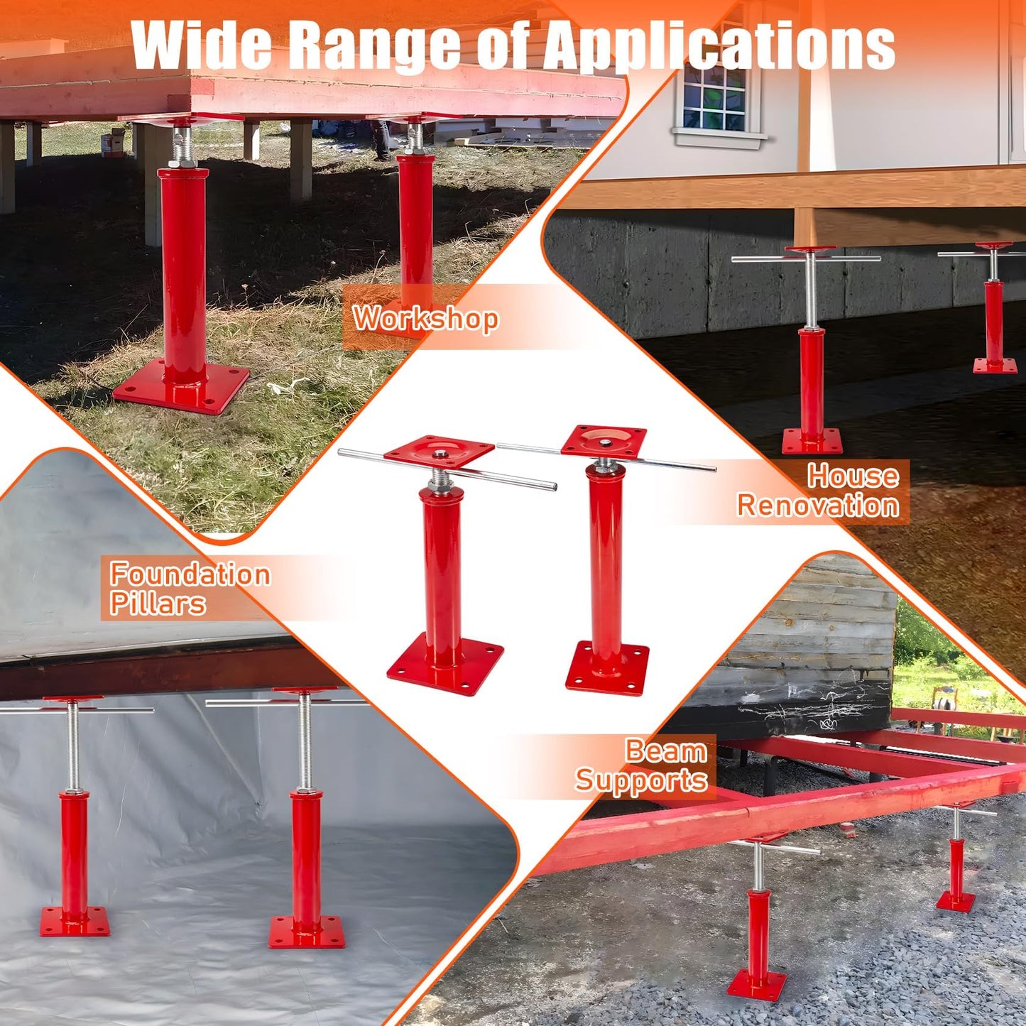 4 Pack House Jacks for Leveling Crawlspace, 16" - 21" Height Range, 11023 lbs Max Load Capacity, House Floor Jacks Post Pole for Leveling