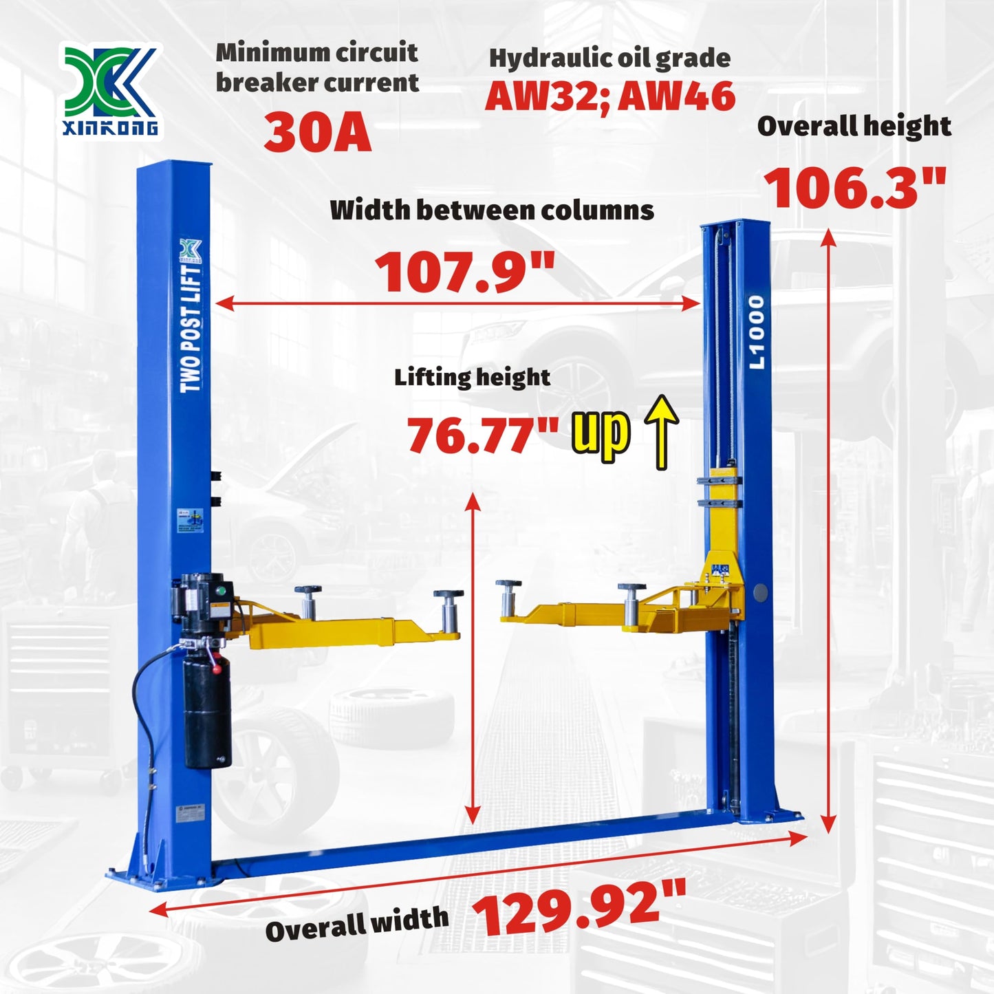 XK-L1000 Auto Truck Hoist 220V Vehicle Lift 10,000 Lbs 2 Post Car Lift 12 Months Parts Replacement