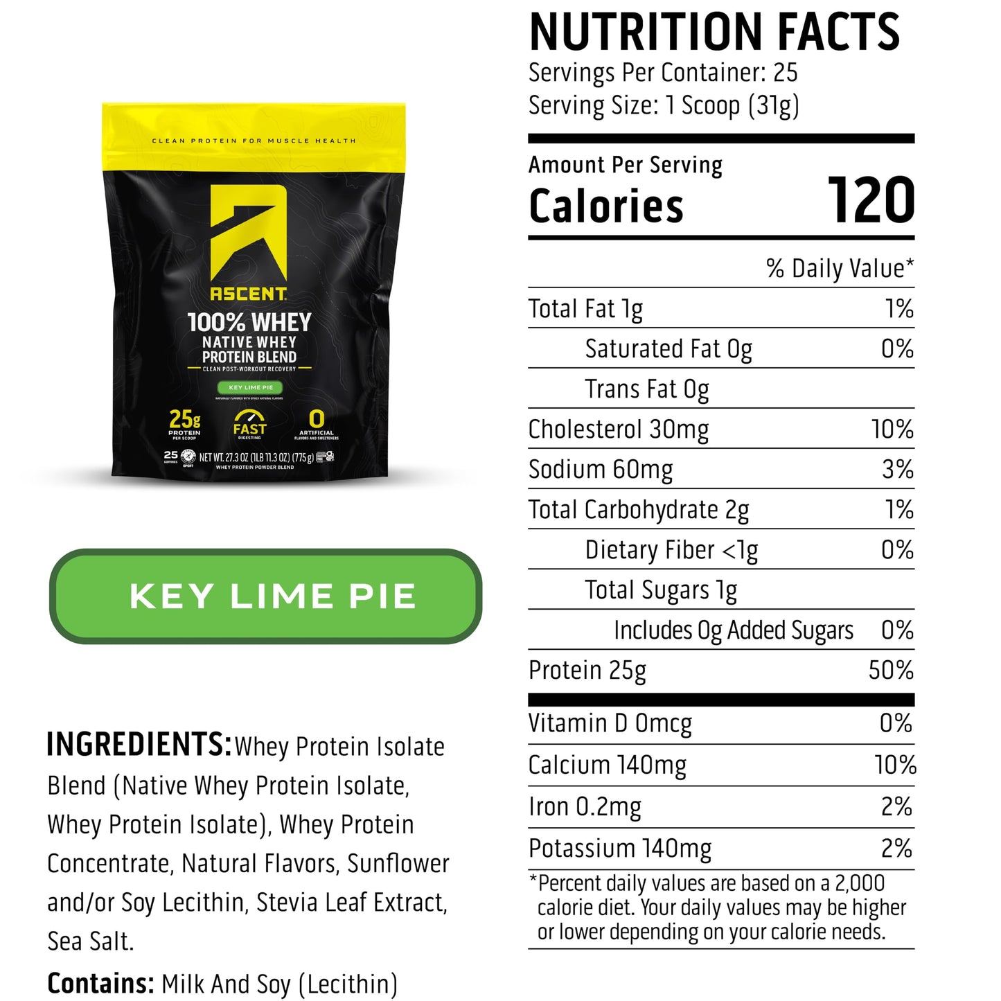 Ascent 100% Whey Protein Powder - Post Workout Whey Protein Isolate, Zero Artificial Flavors & Sweeteners, Gluten Free, 5.5g BCAA, 2.6g Leucine, Essential Amino Acids, Key Lime Pie, 1.7 lb